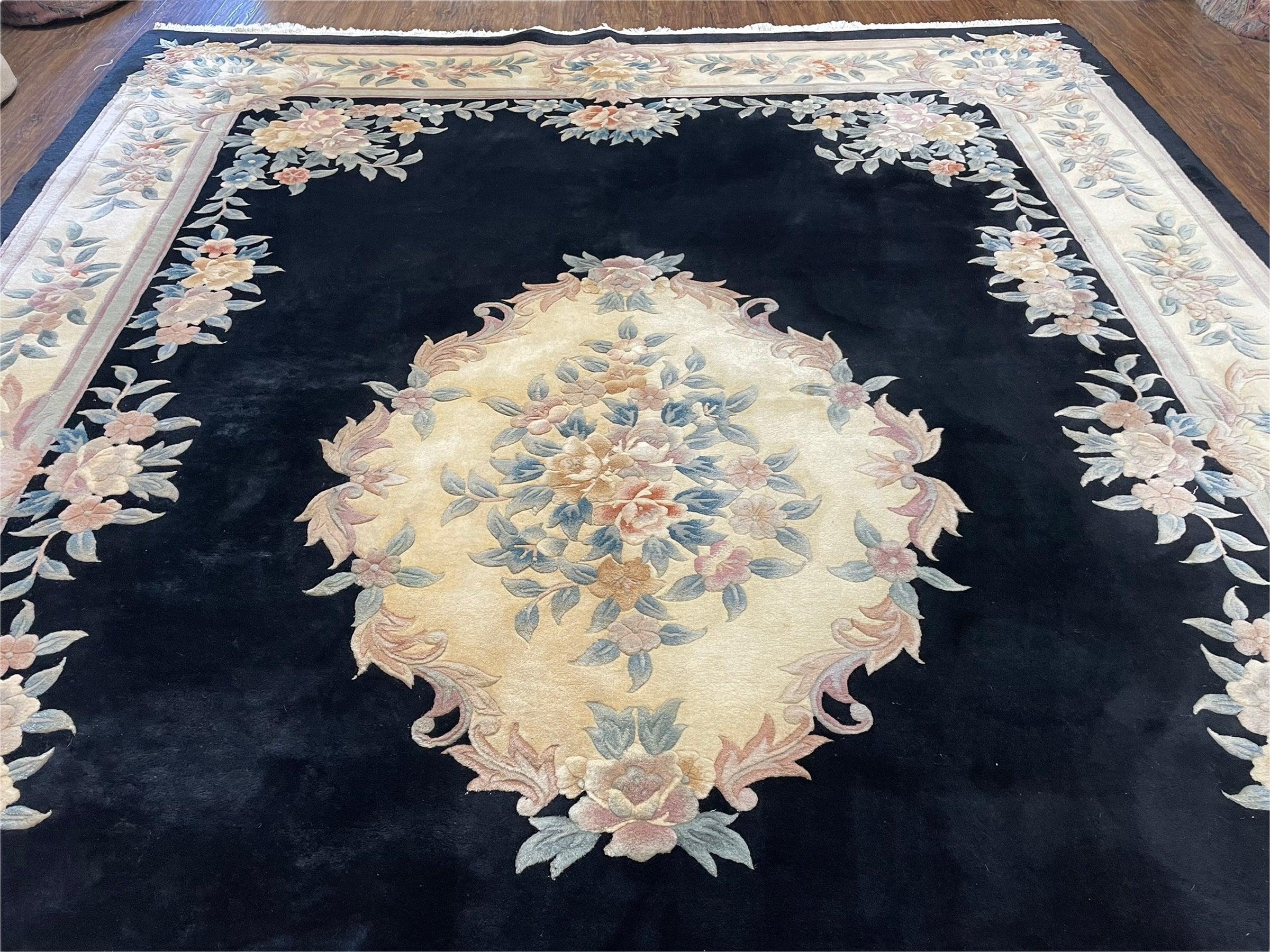 9x12 Chinese Aubusson Rug, 9 x 12 Plush Chinese Rug, 12x9 Floral Chinese Rug, 90 Line Carpet, Art Deco Rug Peking Rug Vintage Wool Black Rug - Jewel Rugs