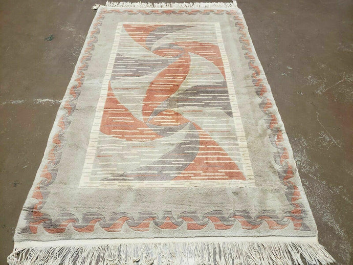 3' X 5' Handmade Modern Chinese Accent Rug - Silk on Cotton Carpet - Abstract Contemporary Design - Beige and Orange - Jewel Rugs