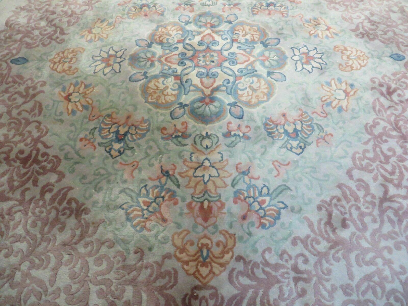 9' X 12' Vintage Handmade Chinese Carving Sculpture Wool Rug Flower Design Pink Carpet - Jewel Rugs