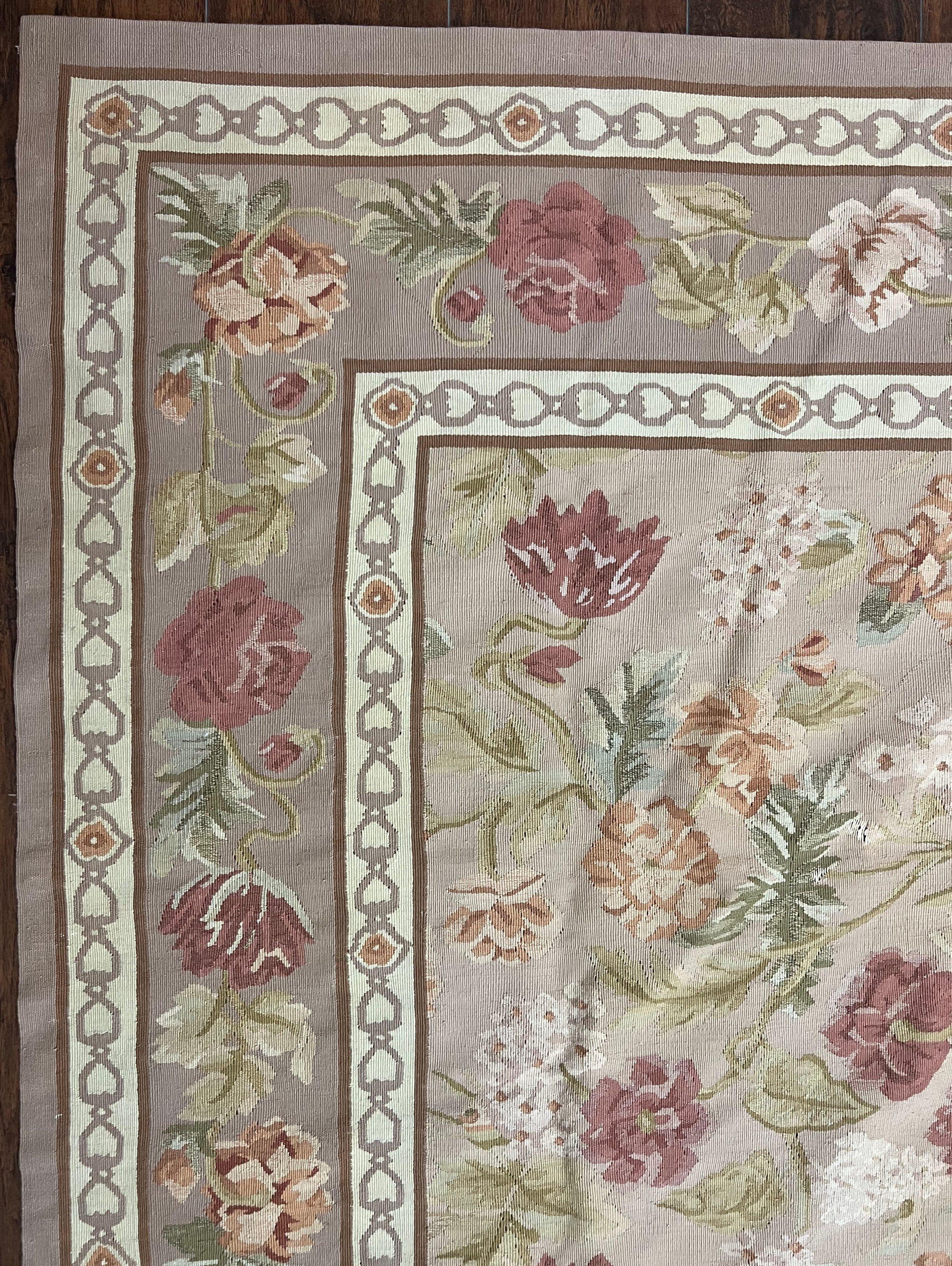 Aubusson Rug 9x12, Pink Beige Light Mauve, Handmade Allover Floral Roses, Wool Flatweave Carpet 9 x 12 ft, European French Design, Elegant - Jewel Rugs