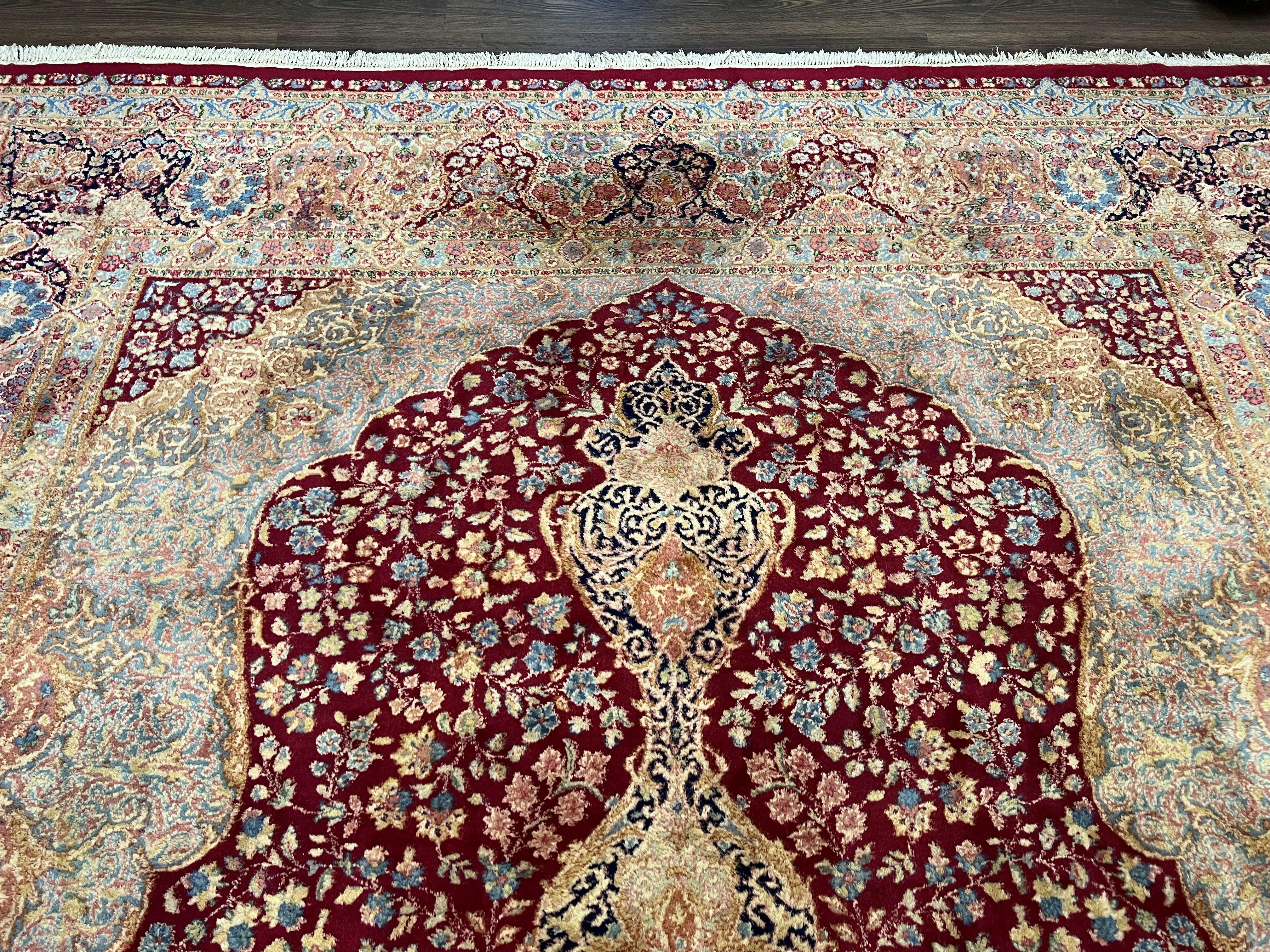 Persian Rug 9x12, Kirman DeLuxe, Millefleur Floral Medallion Carpet, Maroon Light Blue Beige, Semi Antique Authentic Hand Knotted Wool Rug - Jewel Rugs