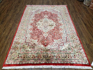 Vintage Kashmiri Silk Rug 5x7, Red & Ivory Hand-Knotted Silk Carpet, Silk Oriental Rug 5 x 7, Traditional Indian Kashmiri Fine Area Rug - Jewel Rugs