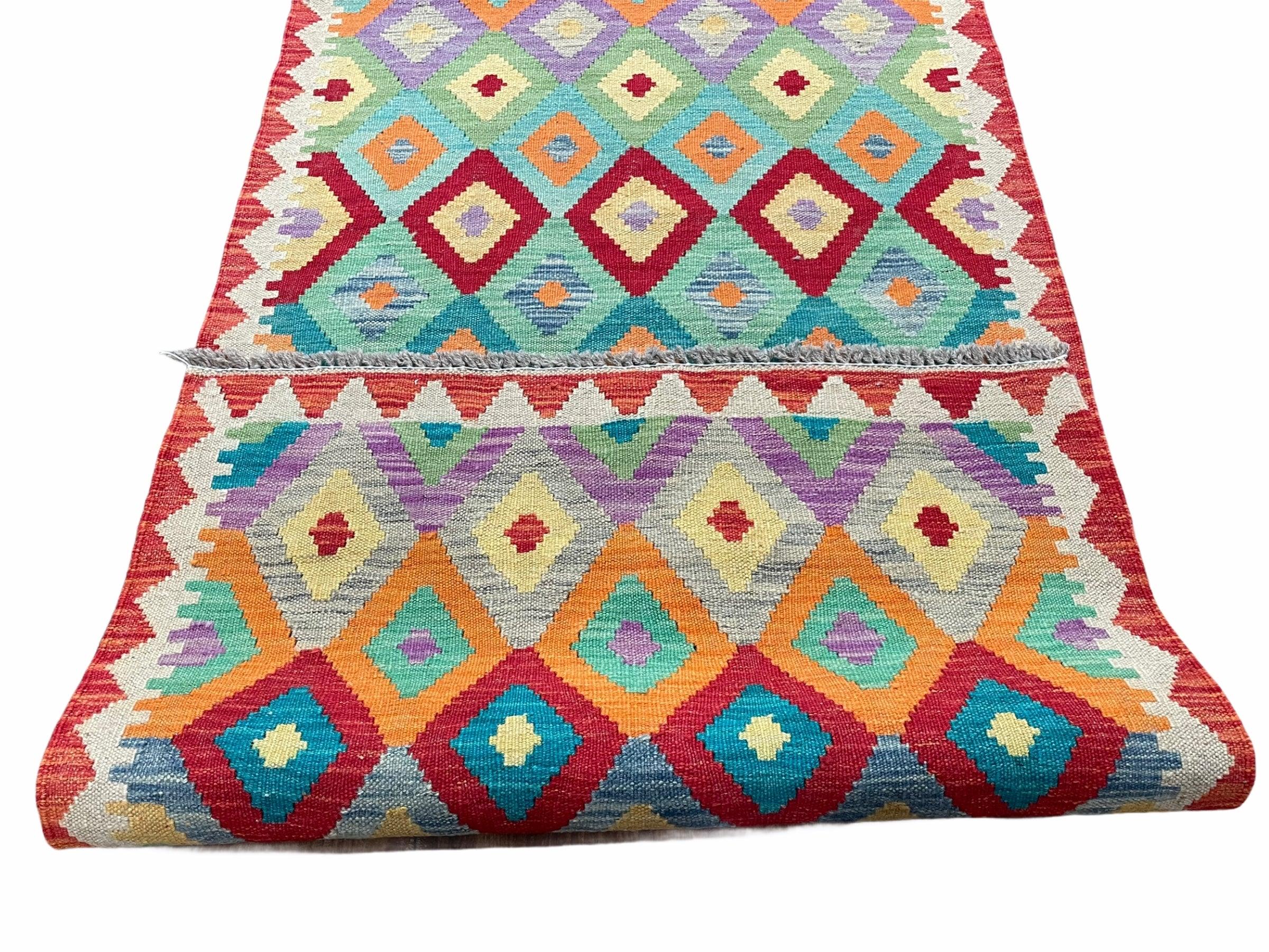 Colorful Kilim Runner Rug 2.5 x 10 Turkish Kilim Runner Chobi Runner Rug Diamond Kilim New Multicolor Kilim Wool Runner - Jewel Rugs