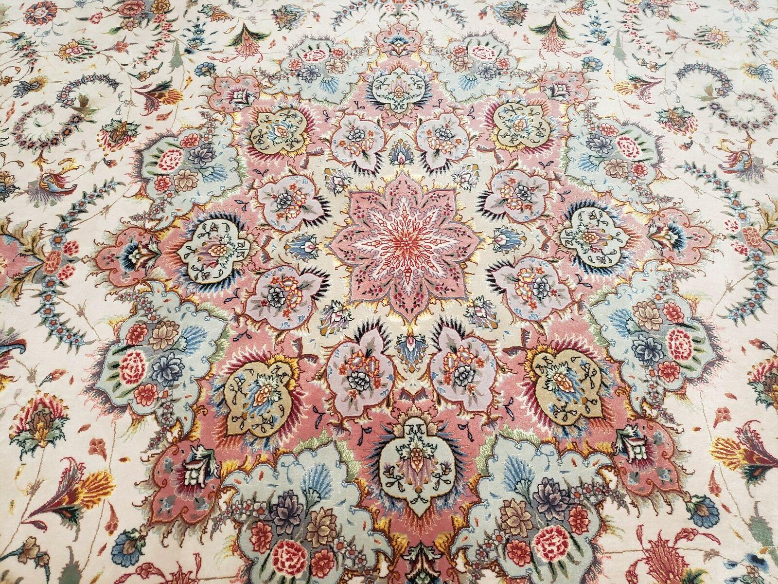 13' X 13'6" Authentic Fine Handmade Persian Tabriz Wool & Silk Rug Signed Oval Round Ivory Pink Wow - Jewel Rugs