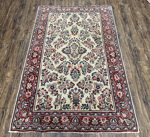 Vintage Persian Sarouk Carpet 4.2 x 6.8, Light Colored Field, Wool Persian Rug 4x7, Hand-Knotted Rug, Allover Floral Pattern, Cream Red Blue, Nice - Jewel Rugs