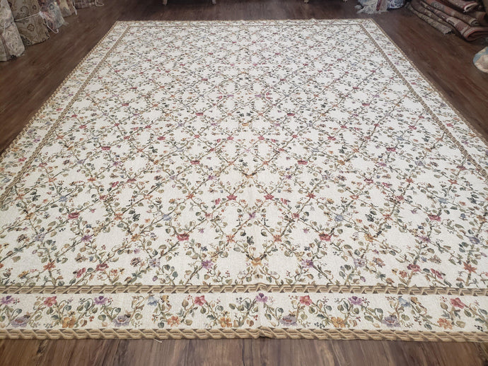 Vintage Petite Point Floral Area Rug 7.5 x 9.9, Chinese Aubusson Needlepoint Carpet 7x10, Wool Hand-Knotted Ivory Small Flowers Rug 8x10 - Jewel Rugs
