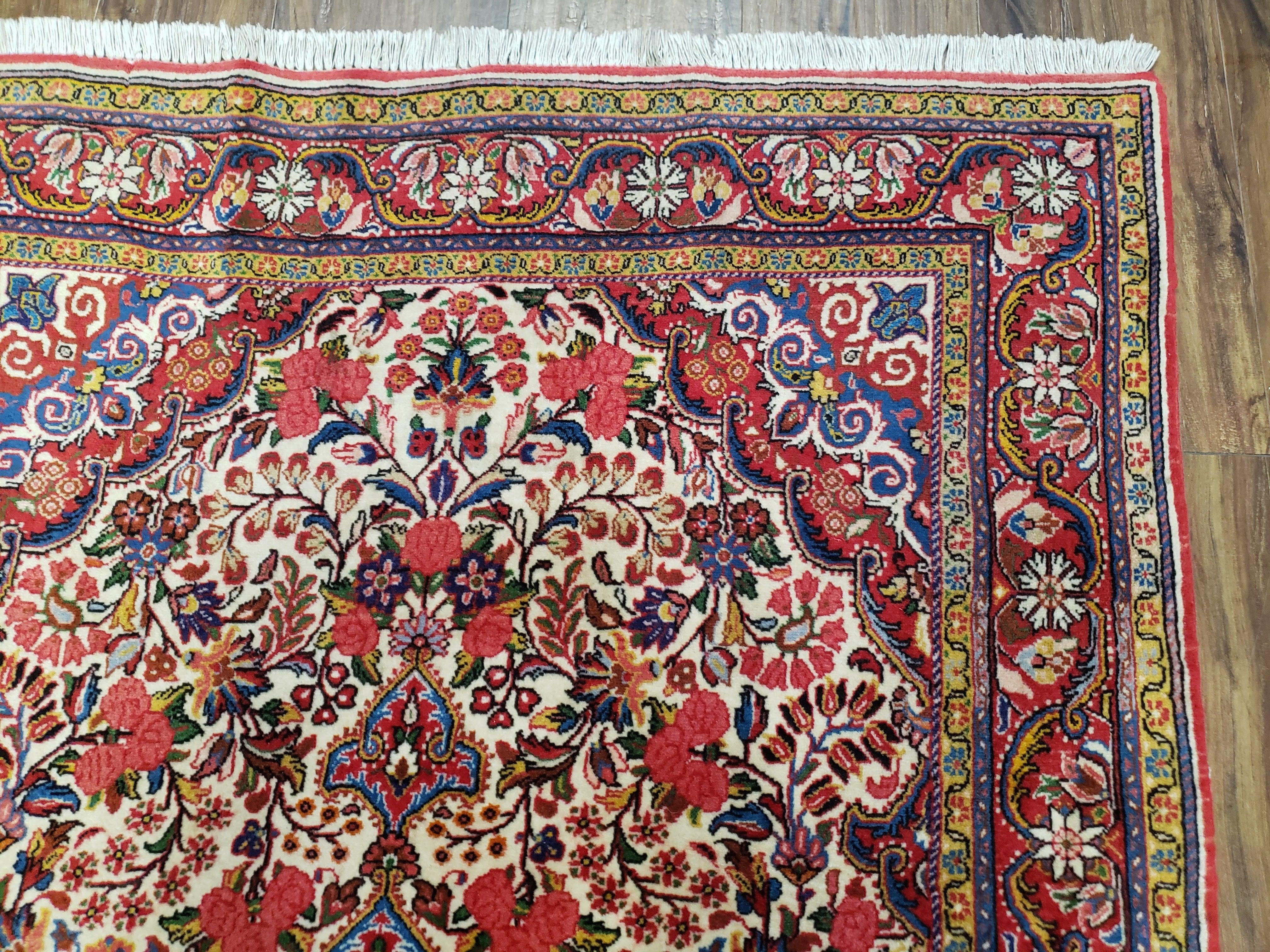 Semi Antique Persian Bidjar Rug, Ivory Red & Blue, Floral, Hand-Knotted, Wool, 3'4" x 5'3" - Jewel Rugs