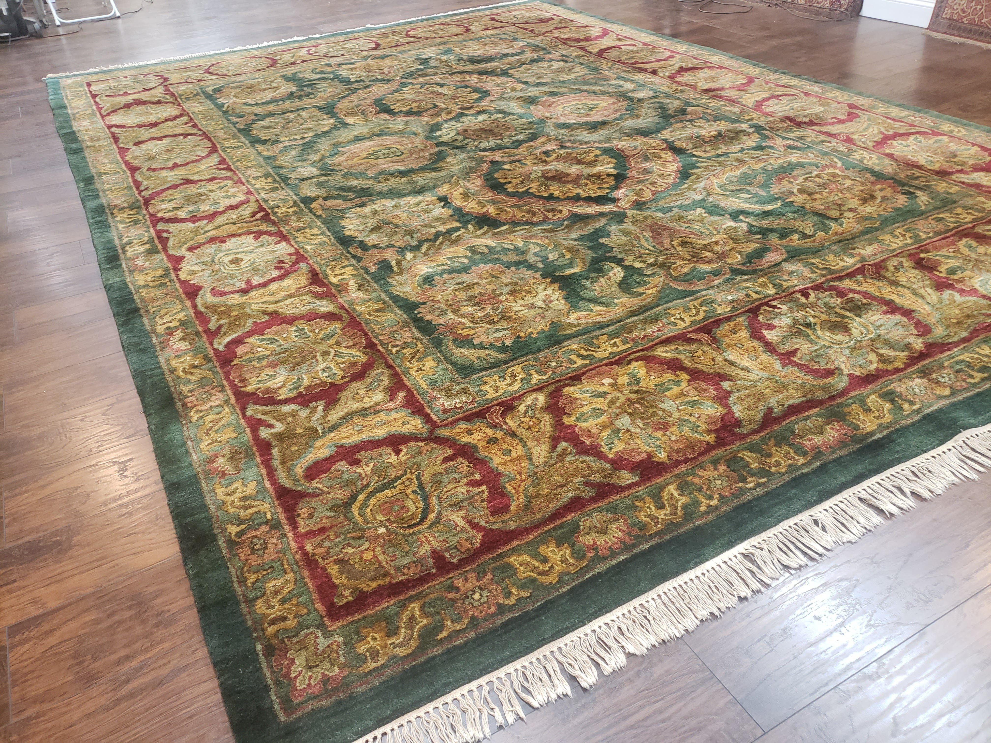 Large Indian Room Sized Rug 10x14, Indo Mahal Sultanabad Area Rug Dark Green Red, Wool Hand-Knotted Large Floral Carpet Soft Living Room Rug - Jewel Rugs