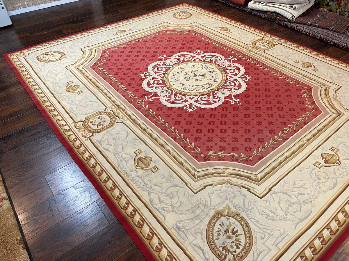Jeweled Rug Aubusson Rug 9x12 ft, Red and Ivory Elegant Aubusson Carpet, Flatweave ...