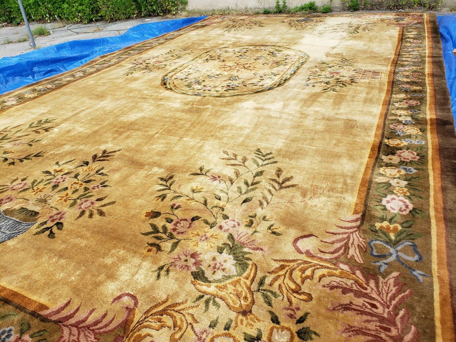 14' X 24' Aubusson Design Wool Rug Gold Palace Size Rug with Flowers and Vases - Jewel Rugs