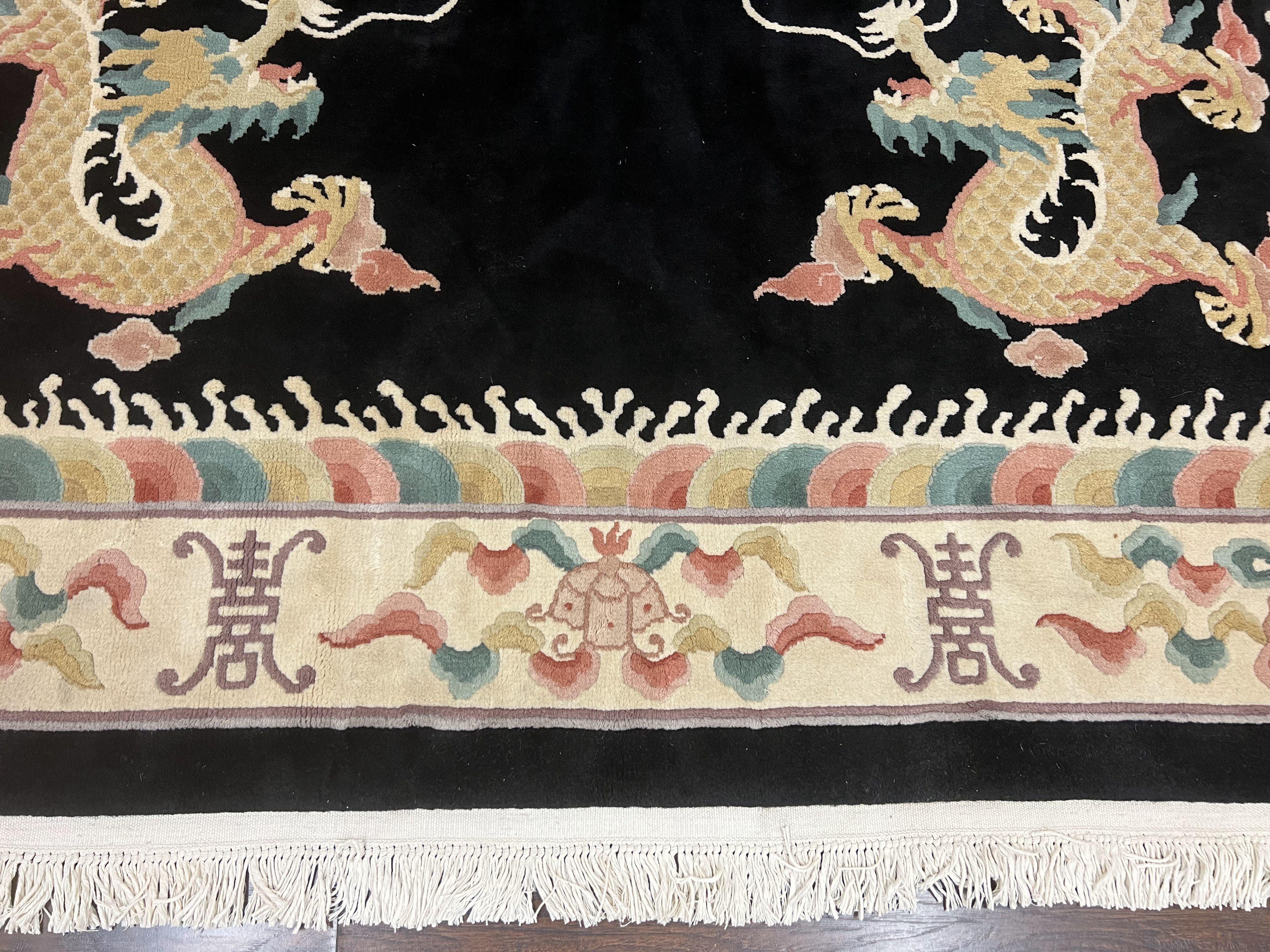 Chinese Wool Rug 8x11, Dragon Medallion and Dragon Corners, Black and Beige, Soft Wool, Asian Oriental Art Deco Carpet, Hand Knotted 90 Line - Jewel Rugs