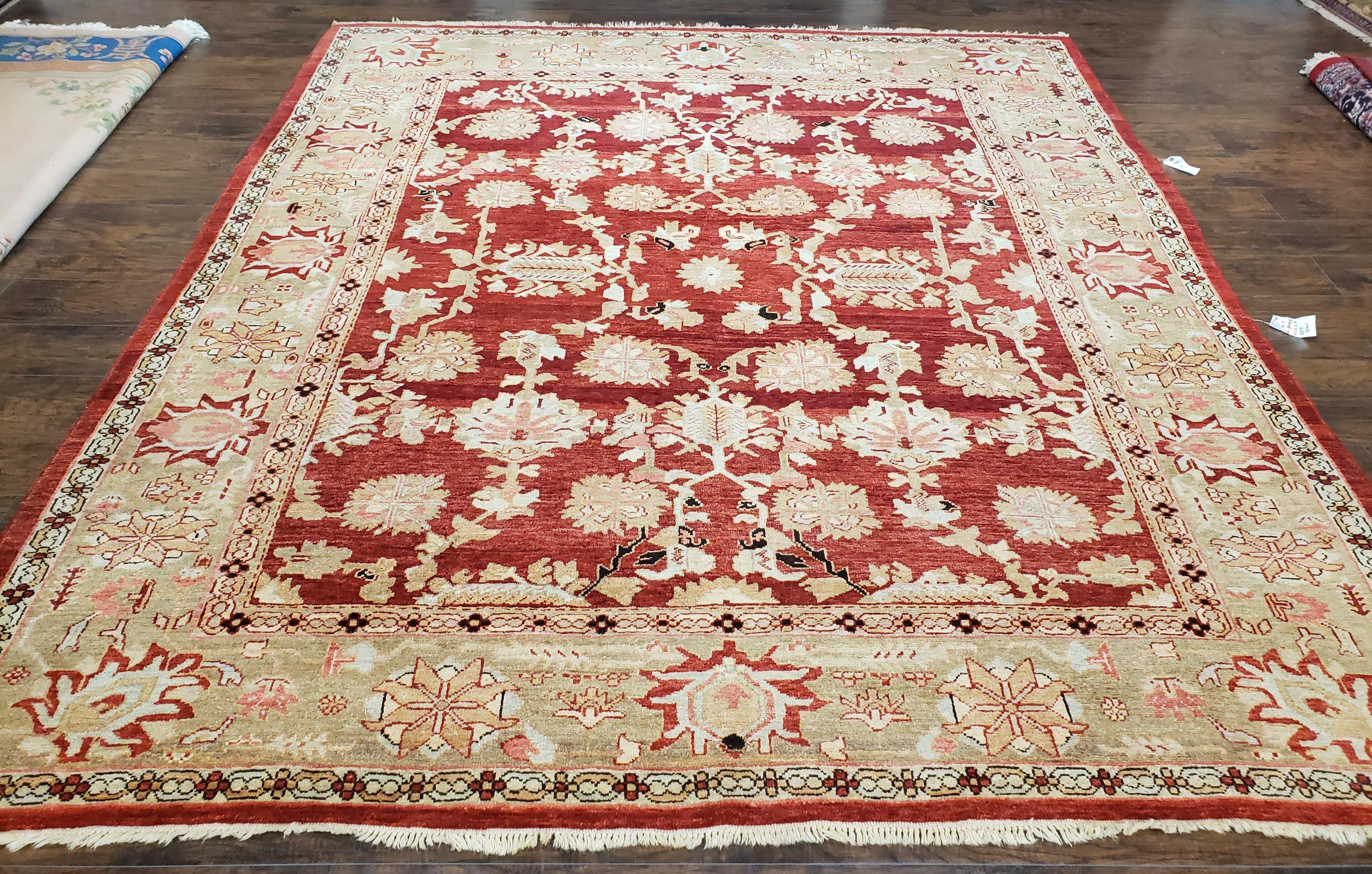Peshawar Rug 9.5 x 10.8, Almost Square Size, Red and Beige Chobi Sultanabad Rug, Shah Abbas Flowers, Wool Handmade, Vintage Oriental Carpet - Jewel Rugs