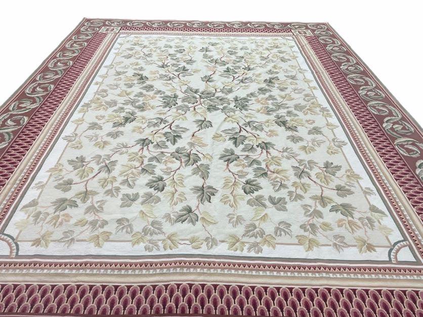 Traditional Aubusson Needlepoint Rug 9 x 12, Flowers, Flatweave Carpet, Hand-Knotted, Brand New, Cream Color, Green, Maroon Red, Wool - Jewel Rugs