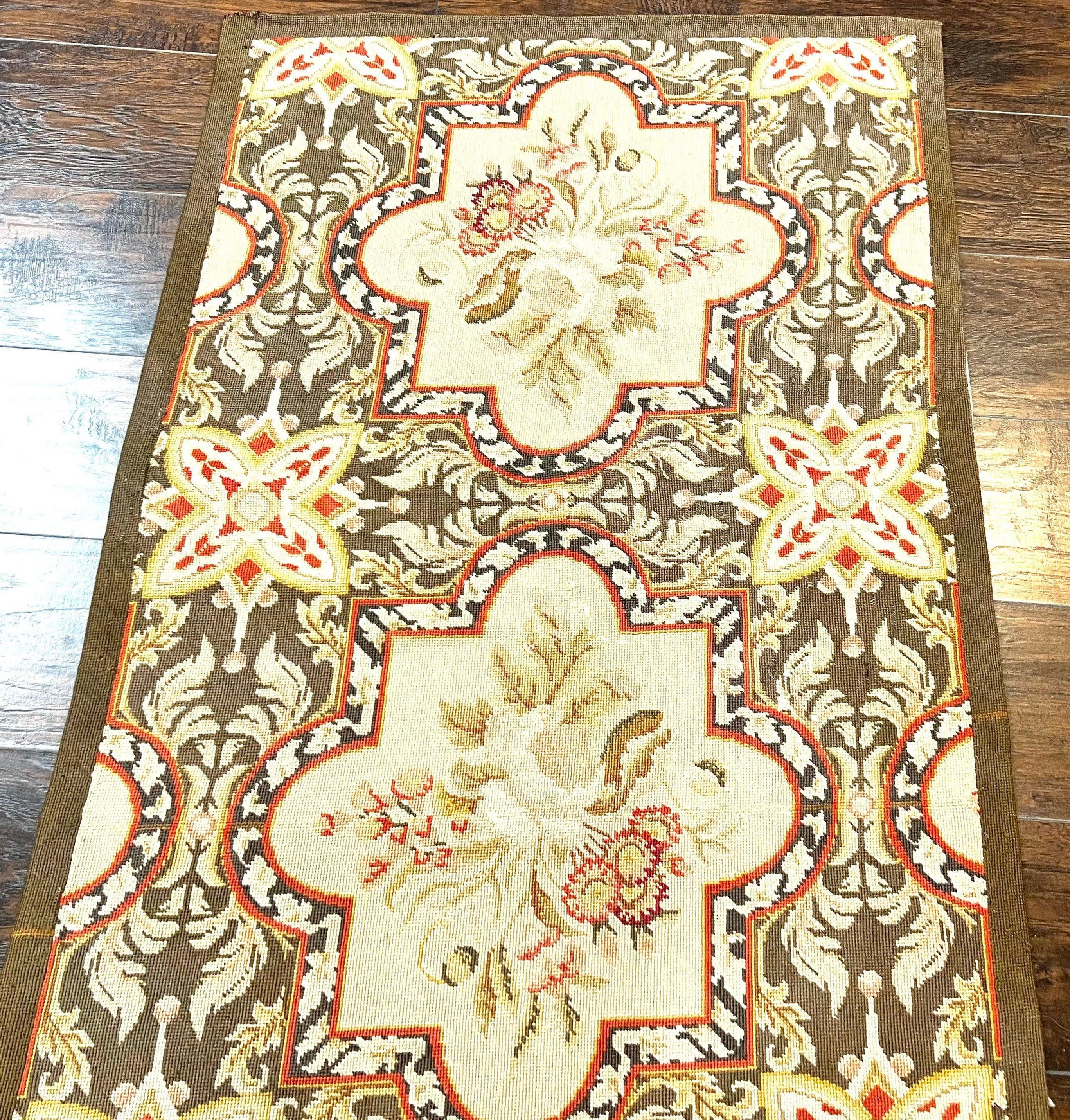 Needlepoint Runner Rug 2.8 x 9.8, Brown and Beige, Handwoven Handmade Floral French European Design, Vintage Flatweave 10ft Wool Runner Rug - Jewel Rugs