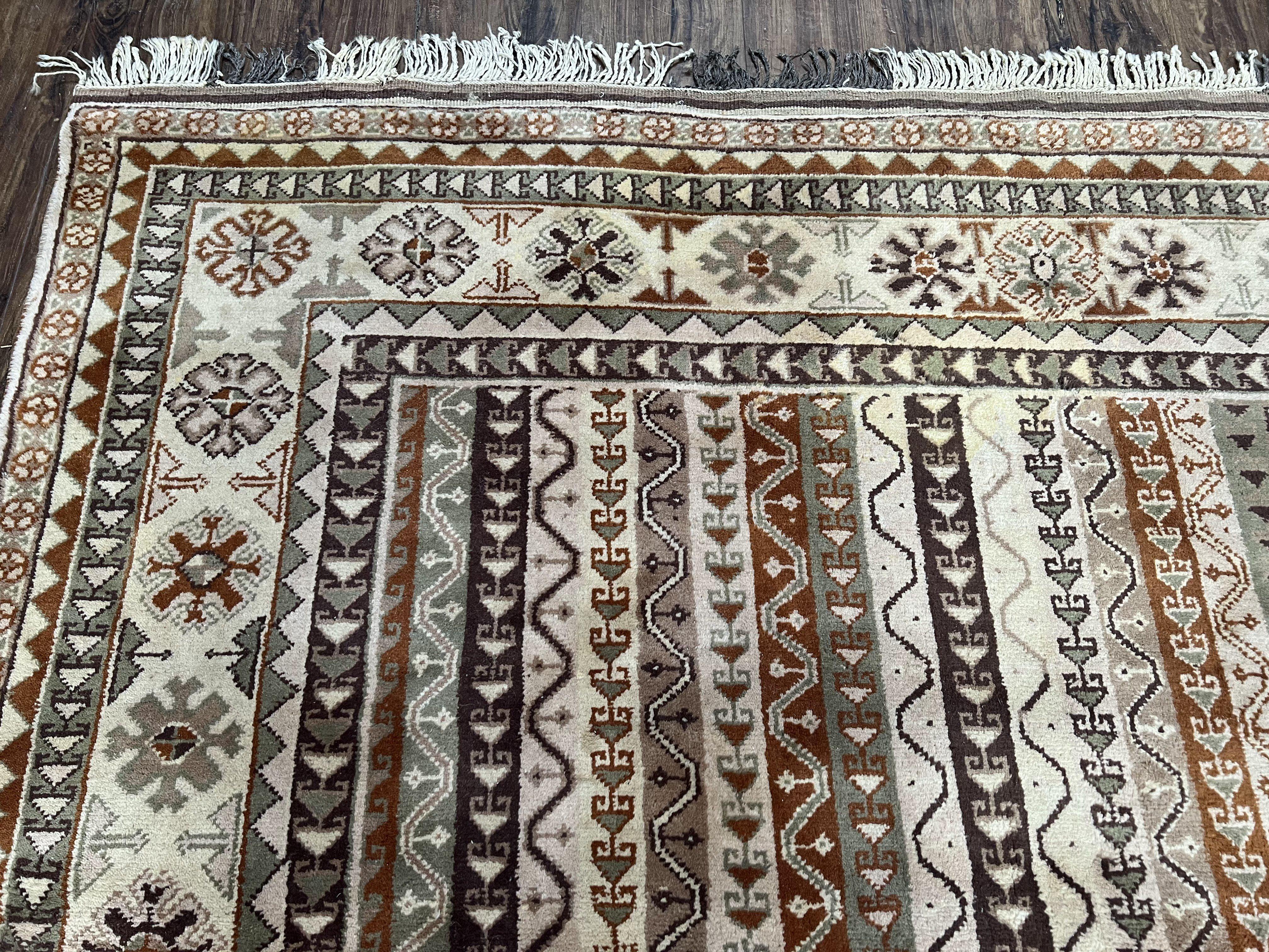 Striped Turkish Anatolian Rug 6x7 Almost Square Shaped Carpet Handmade Vintage Oriental Rug, Living Room Rug, Neutral Colors Cream, Wool Rug - Jewel Rugs