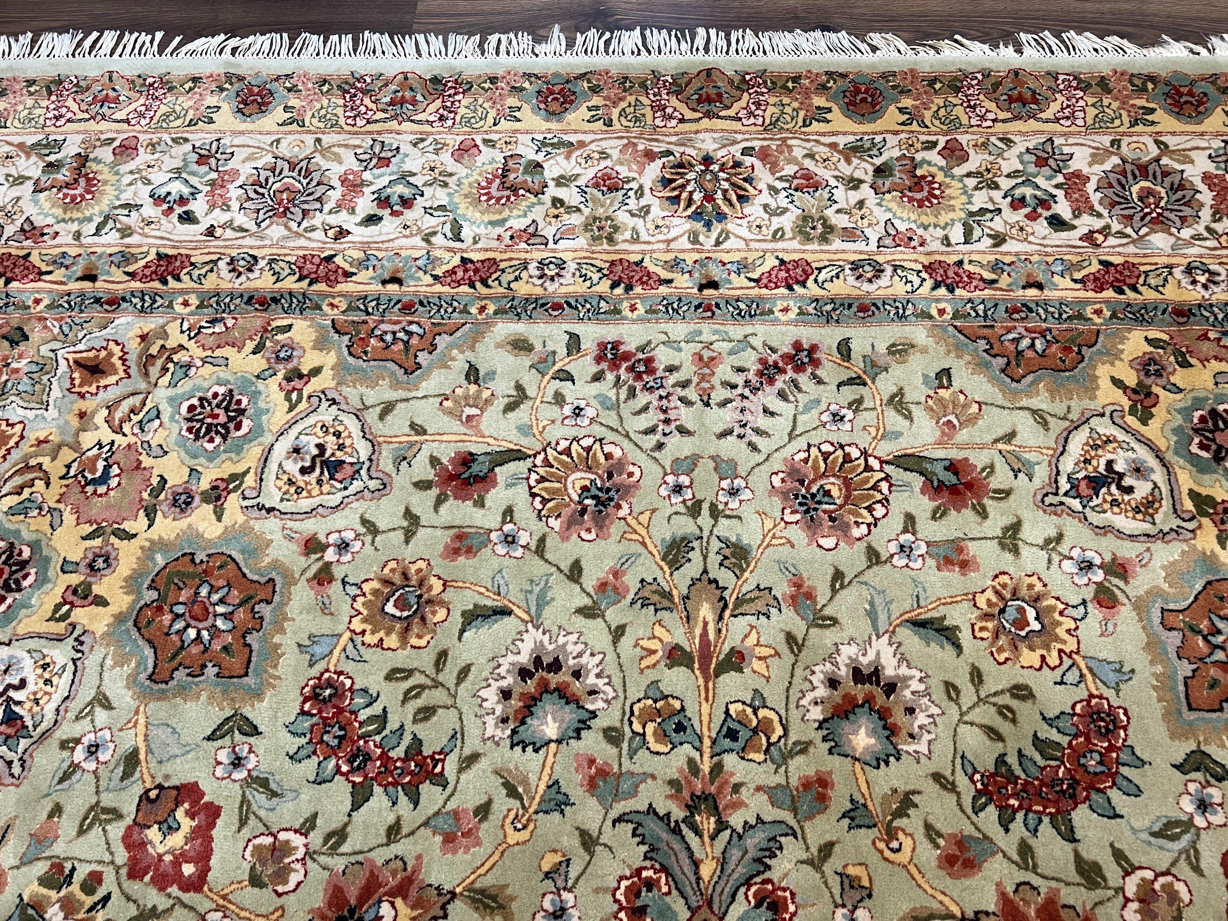 Large Oriental Rug 10x14, Persian Design Carpet 10 x 14, Vintage Hand-Tufted Wool Rug, Floral Medallion, Pastel Green Ivory Light Yellow - Jewel Rugs