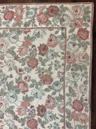 Indian Hand Stitched Rug 9x12, Floral Allover, Vintage Chain Stitched Wool Carpet, Cream Rose Pink Green, Large Flatweave Area Rug 9 x 12 ft - Jewel Rugs