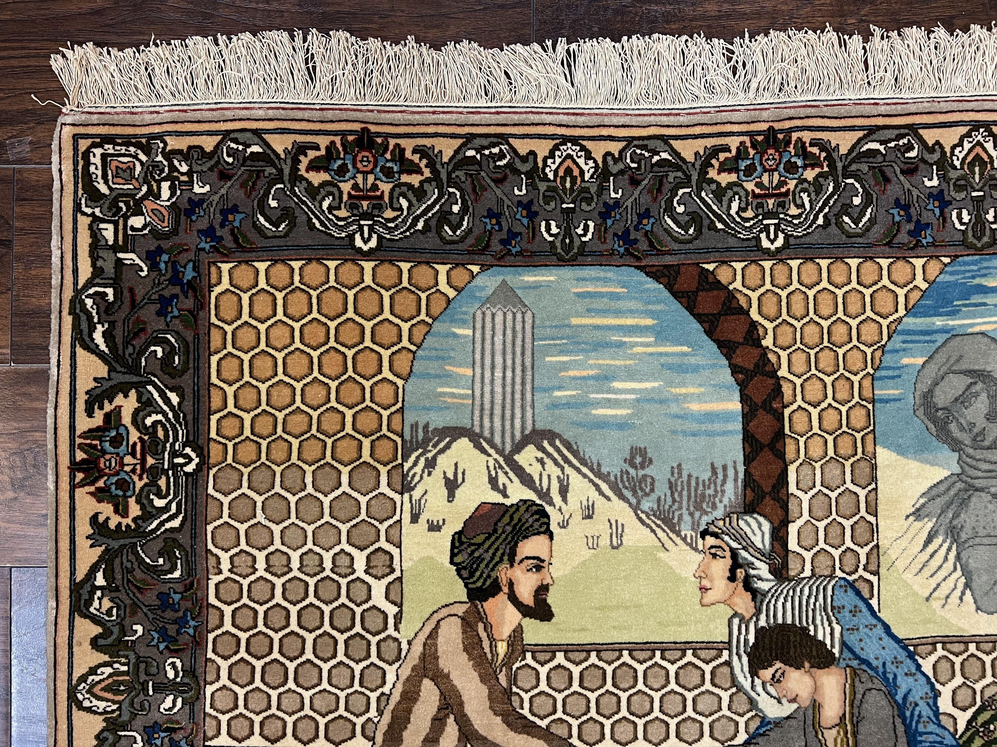 Persian Tabriz Pictorial Rug 4.8 x 3.8, Horizontal Oriental Carpet for Hanging on Wall, Hand Knotted Wool Vintage Fine Carpet, Doctor and Patients - Jewel Rugs