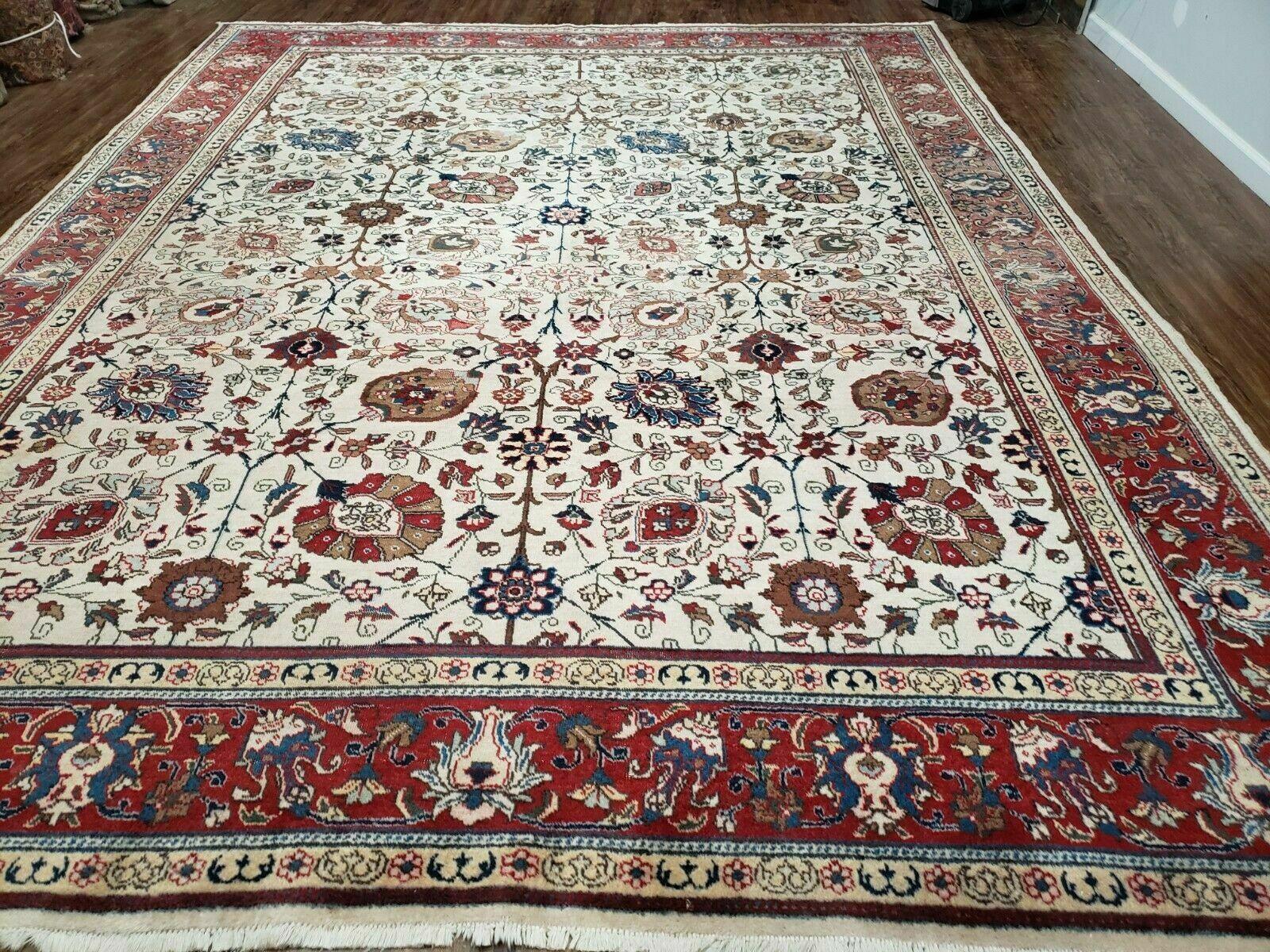 Antique Persian Tabriz Rug 9x12, Hand Knotted Oriental Carpet 9 x 12 ft, Vintage Wool Room Sized Rug, Cream and Red, Floral Allover Handmade Rug - Jewel Rugs