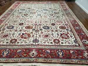 Antique Persian Tabriz Rug 9x12, Hand Knotted Oriental Carpet 9 x 12 ft, Vintage Wool Room Sized Rug, Cream and Red, Floral Allover Handmade Rug
