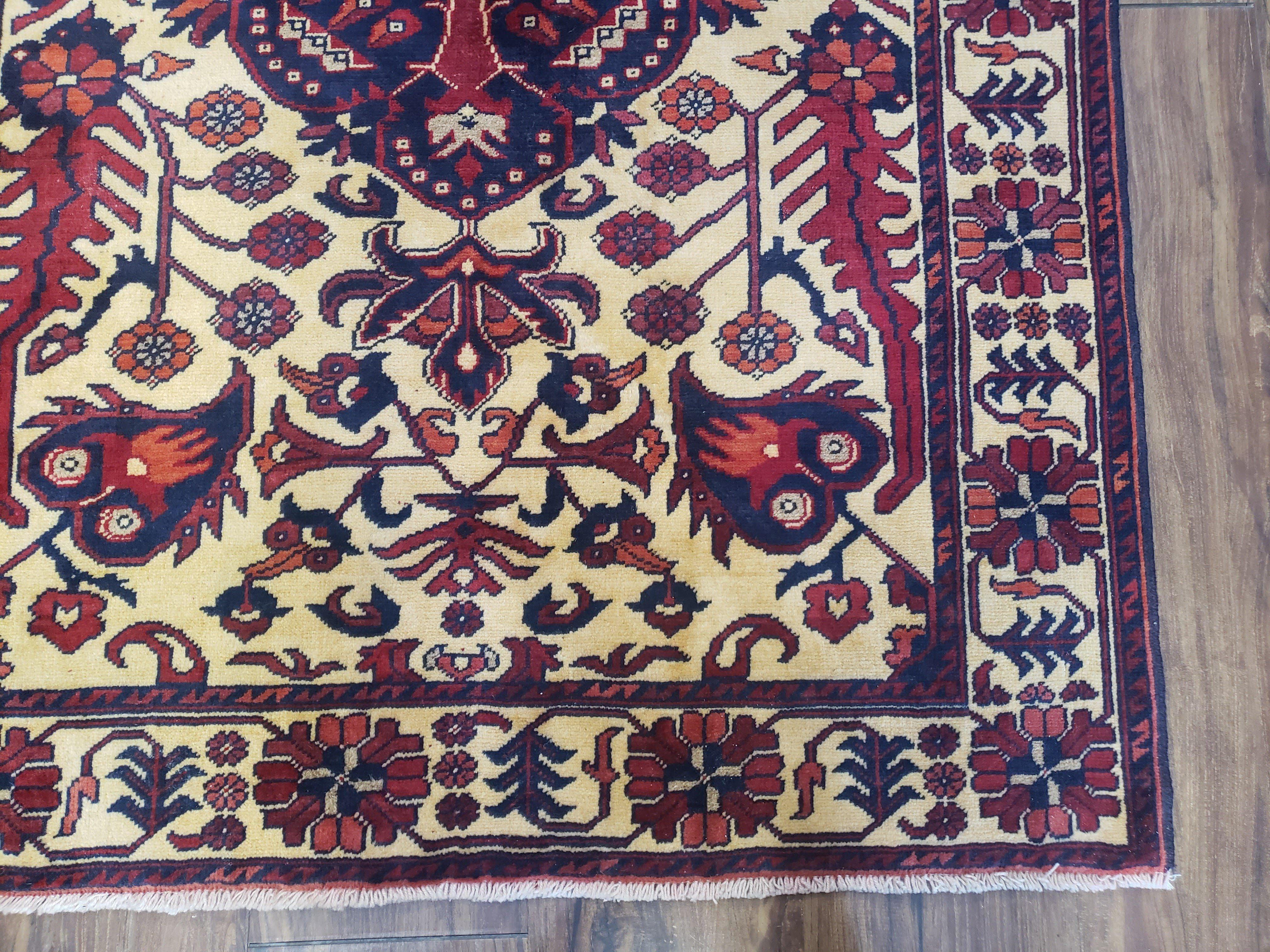 Vintage Small Afghan Tribal Area Rug 3x4 - 3x5, Wool Hand-Knotted Ivory Red Balouchi Floral Carpet, Handmade Oriental Entryway Rug Medallion - Jewel Rugs