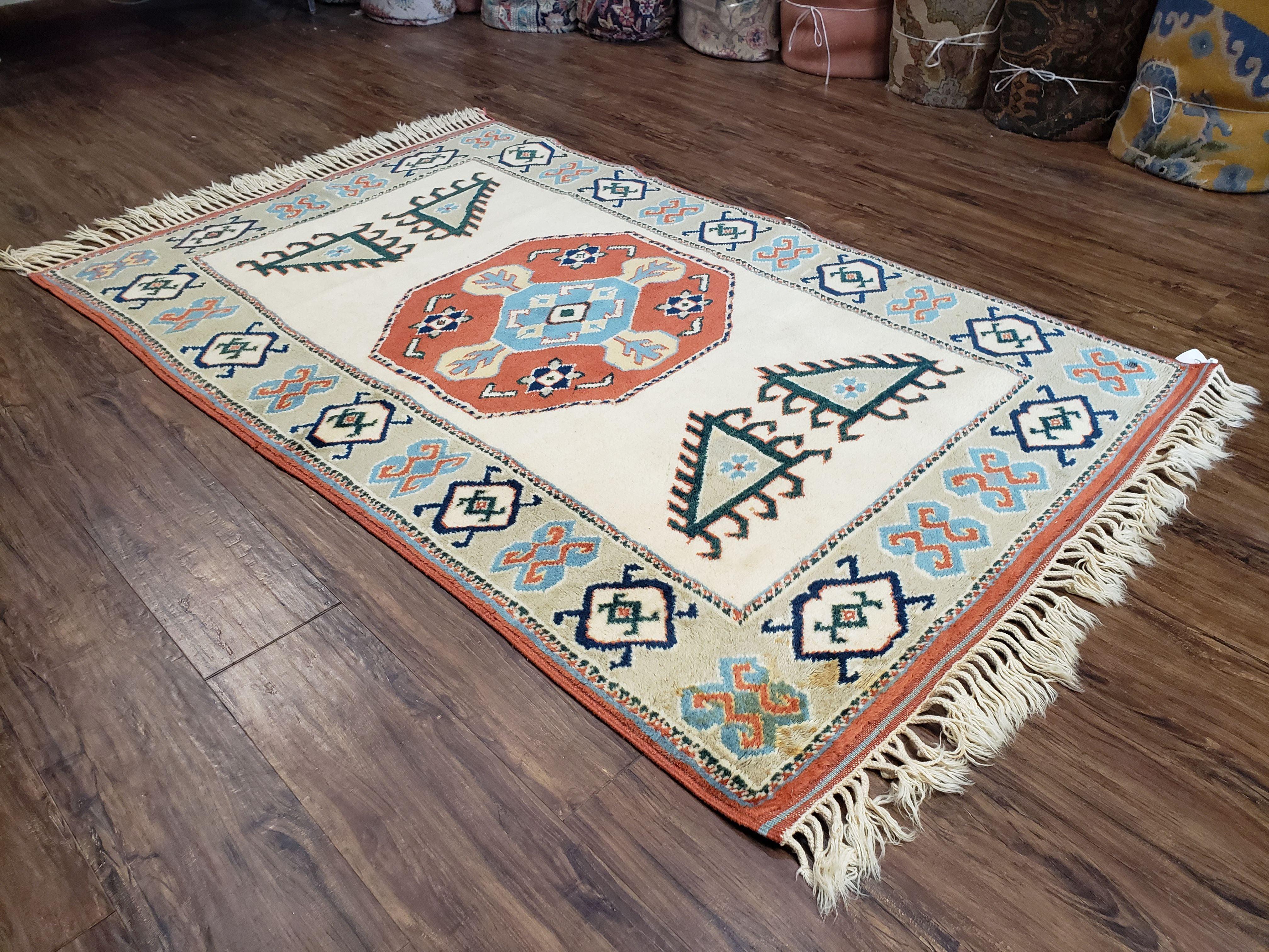 Vintage Turkish Rug 4x6, Beige Red Gray Carpet, Caucasian Design, Tribal Rug, Hand-Knotted, Boho Rug, Bohemian Home Decor - Jewel Rugs
