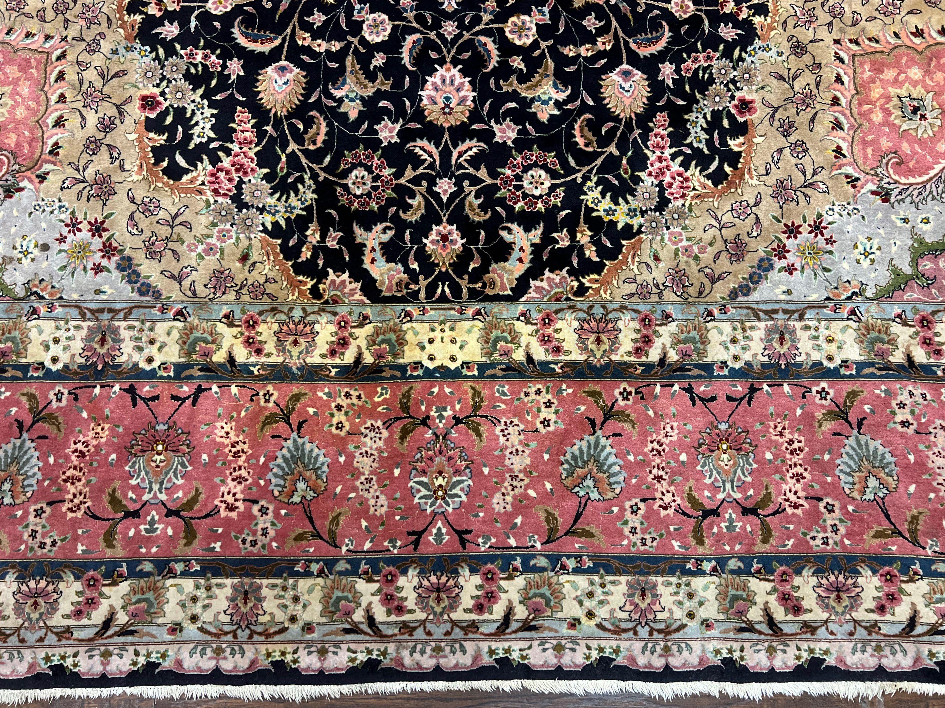 Magnificent Persian Tabriz Rug 11x16, Oversized Persian Carpet 11 x 16 ft, Wool on Silk Finely Hand Knotted, 450 KPSI, Floral Medallion, Black Pink - Jewel Rugs