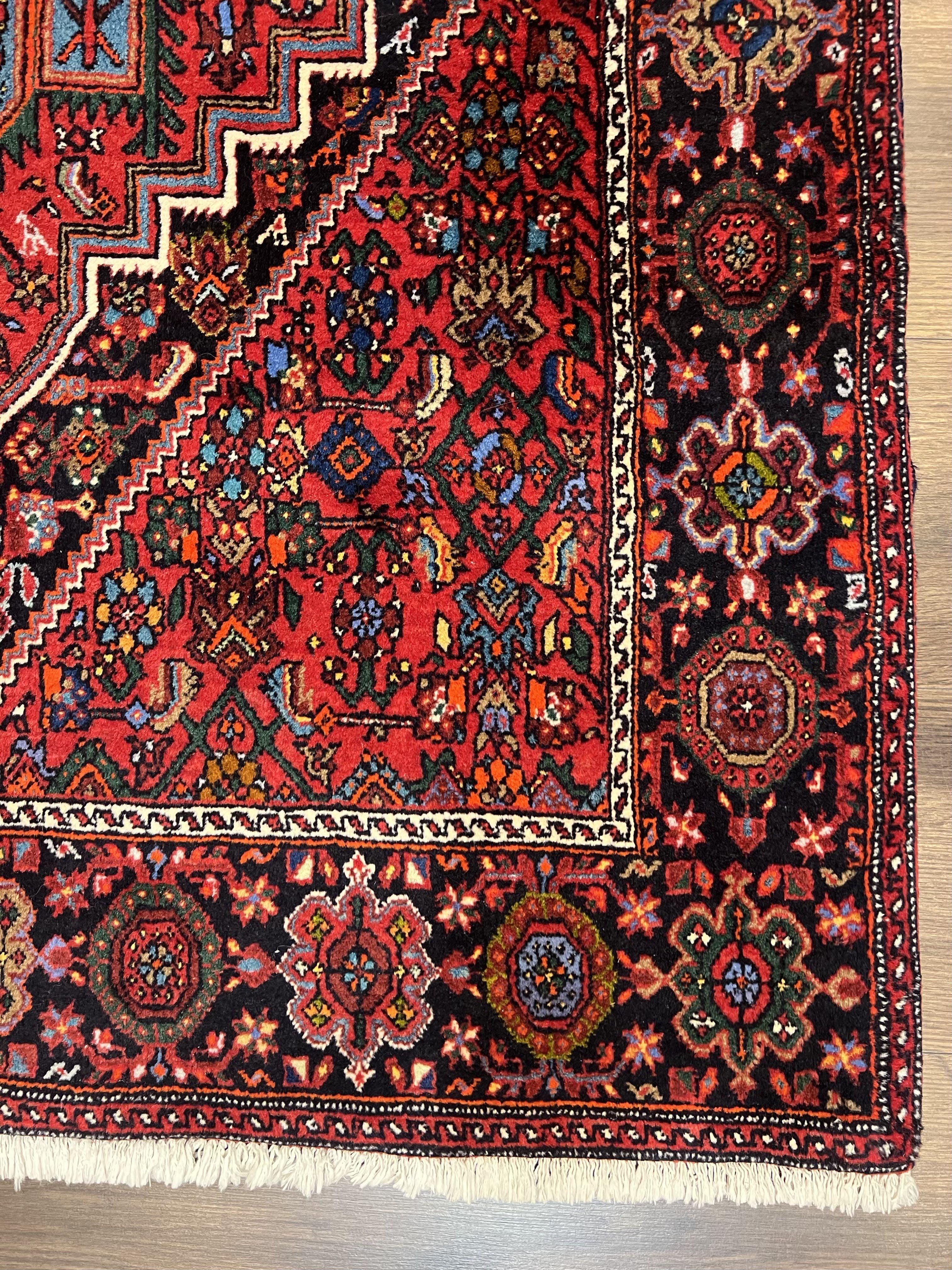 Fine Persian Bidjar Rug 3x5 ft, Ruby Red and Black, Geometric Medallion, Hand Knotted Semi Antique Oriental Bijar Carpet, Wool Area Rug, Tribal Rug - Jewel Rugs