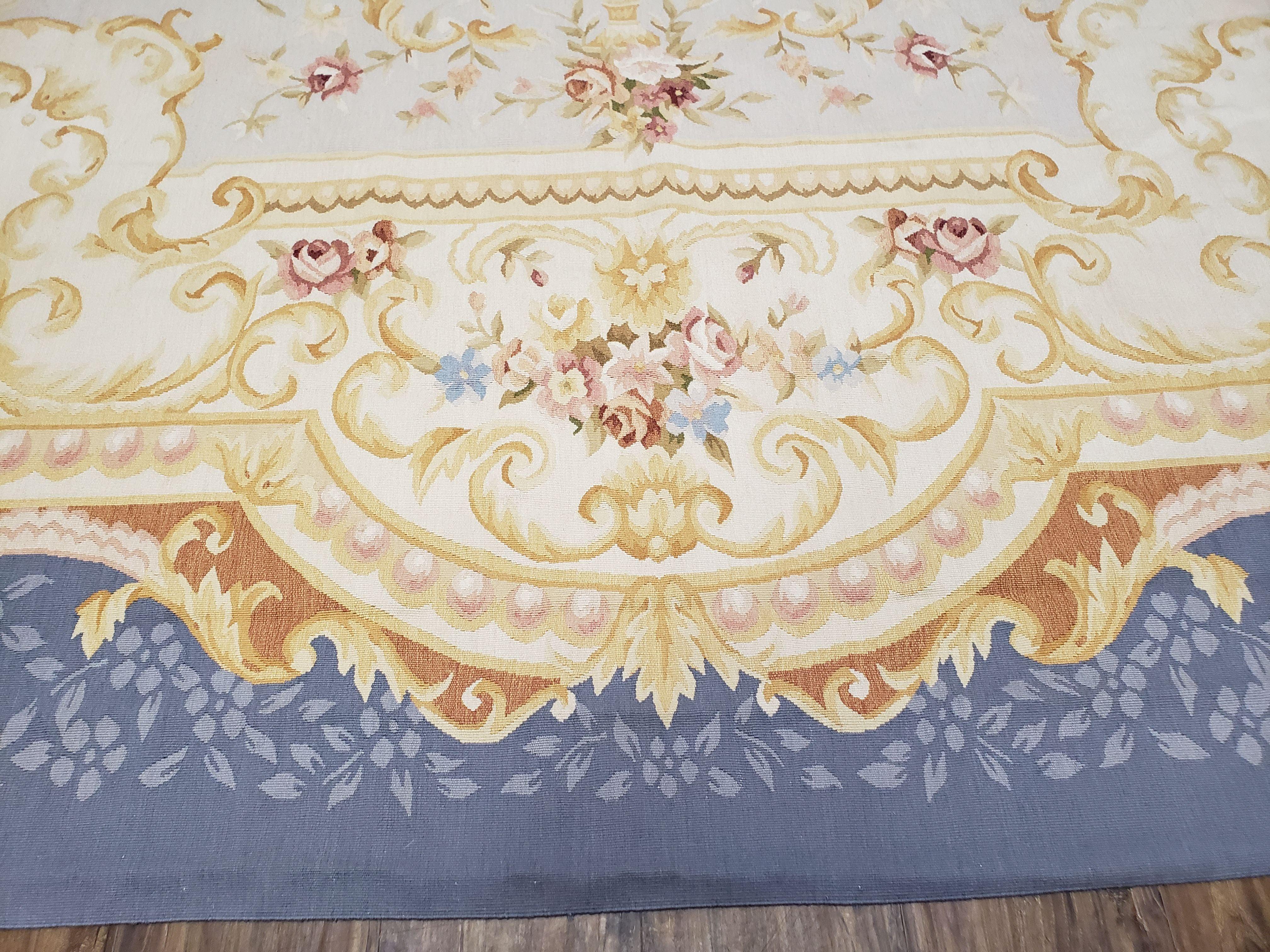 Vintage Aubusson Savonnerie Rug 9x12, Blue Flatweave Chinese Aubusson Rug 9 x 12, Elegant French European Style Blue & Light Blue Ivory Wool - Jewel Rugs