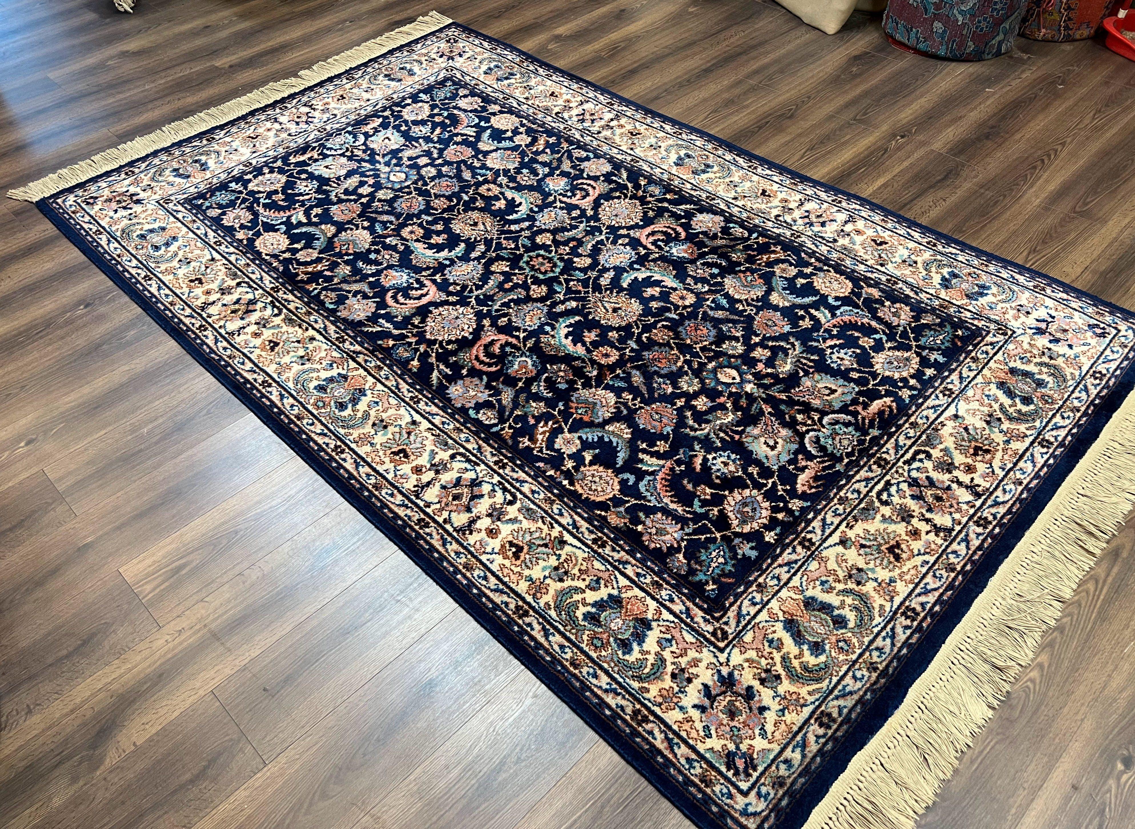 Karastan Rug #747, Indigo Tahbreez 5.9 x 9, Wool Carpet Original 700 Series, Vintage Area Rug Allover Floral, Discontinued, Navy Blue Ivory - Jewel Rugs