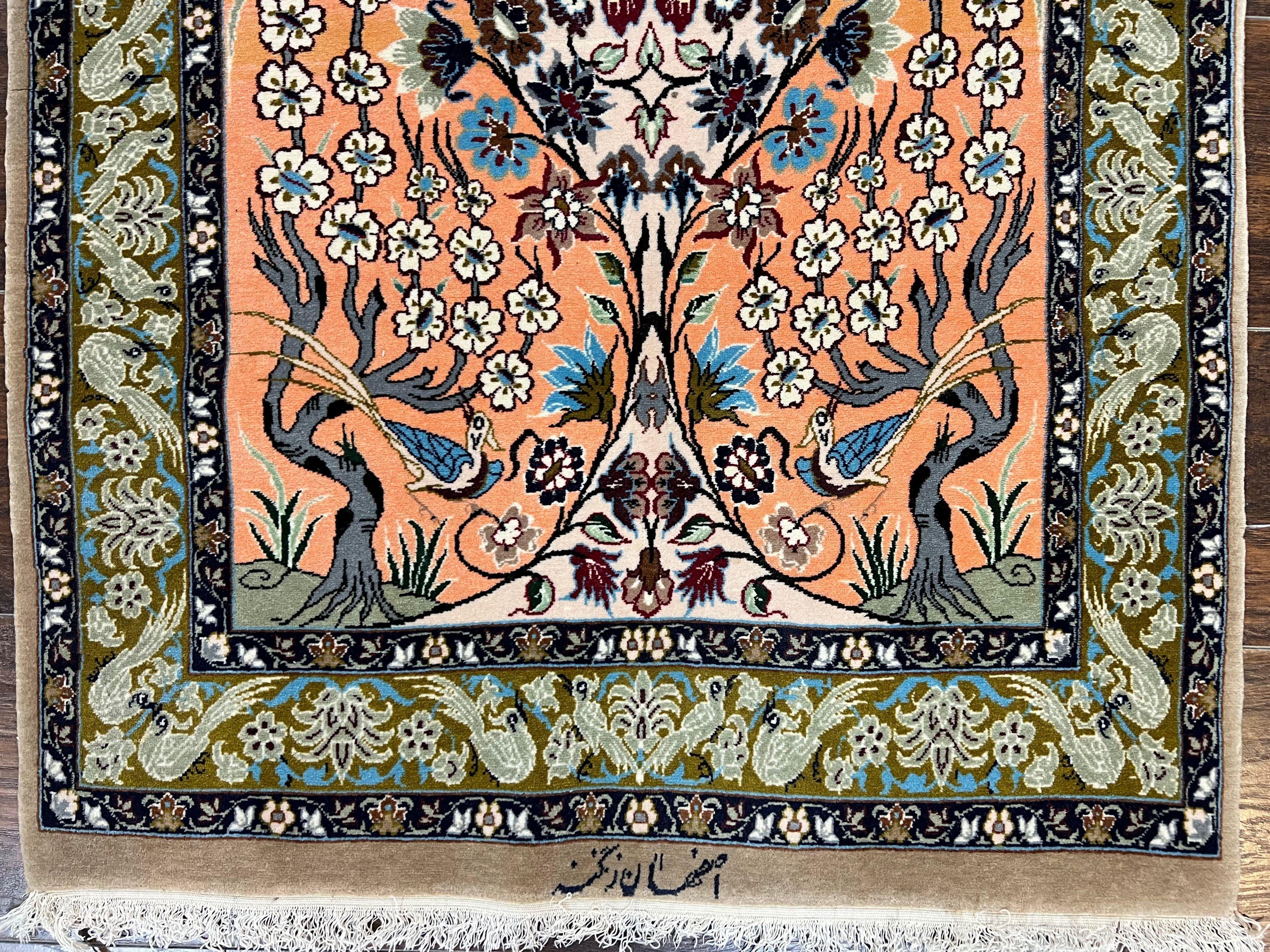 Very Fine Small Persian Isfahan Rug 2.6 x 4, Kork Wool on Silk Hand-Knotted Vintage Animal Pictorials Birds Vase, Signature Masterweaver, Orange - Jewel Rugs