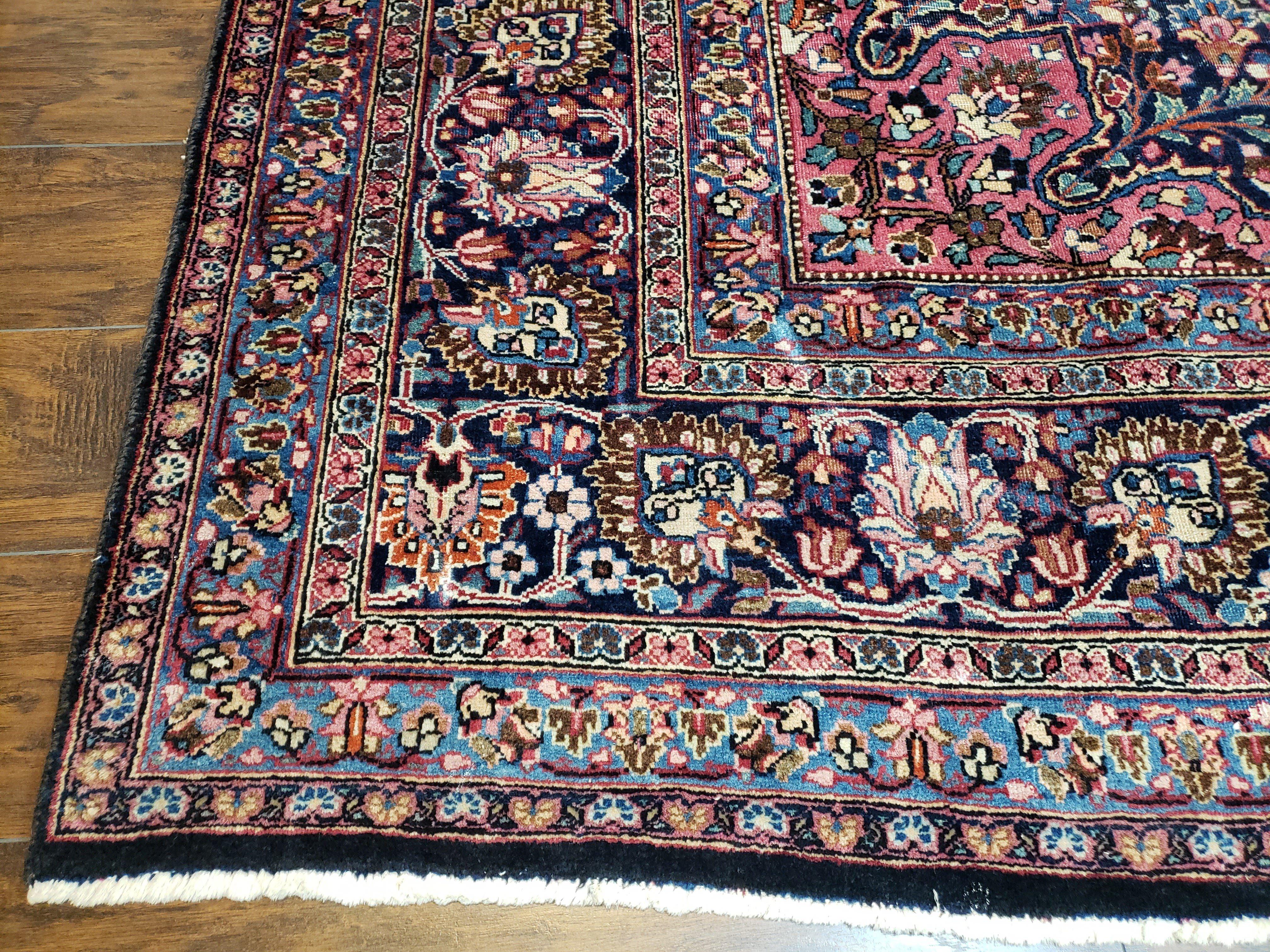 Antique Persian Mashad Rug, Palace Size, Hand-Knotted, Wool, Allover Floral with Medallion, Ruby Red and Dark Blue, 11' x 15' - Jewel Rugs