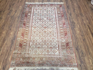 Antique Caucasian Shirvan Rug 4x6, Dagestan Area Rug, Wool Hand-Knotted Soft Red & Ivory 1920s Oriental Carpet, Soft Muted Colors - Jewel Rugs