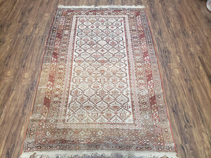 Antique Caucasian Shirvan Rug 4x6, Dagestan Area Rug, Wool Hand-Knotted Soft Red & Ivory 1920s Oriental Carpet, Soft Muted Colors - Jewel Rugs