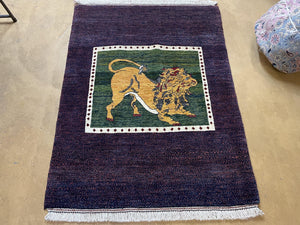 3 X 5 Handmade Rug Zagros Mountain Wool Tribal Rug Lion Purple Green Pictorial - Jewel Rugs