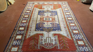 Kazak Turkish Area Rug 6x10, Vintage Red Wool Carpet, Bold Colors, Sivan Pattern, Hand-Knotted Tribal Rug, Caucasian Style, Tribal Motifs - Jewel Rugs