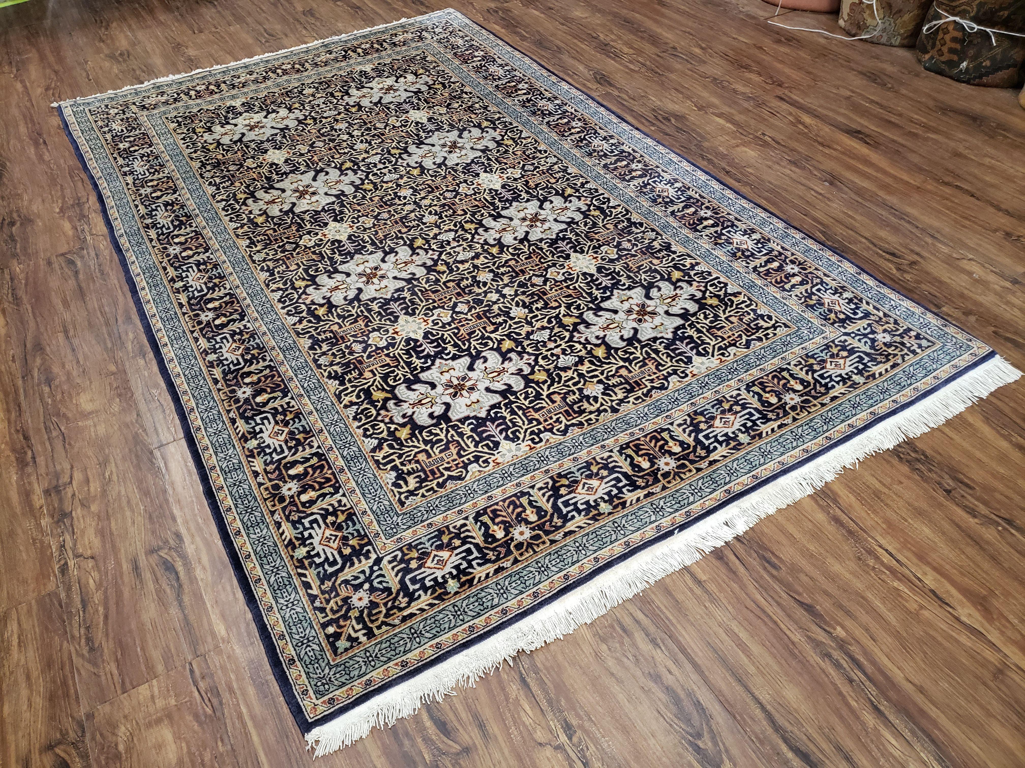 Semi-Antique Persian Kashan Rug, Midnight Blue & Ivory, Hand-Knotted, Wool, 4' 8" x 7' 4", Pair A - Jewel Rugs