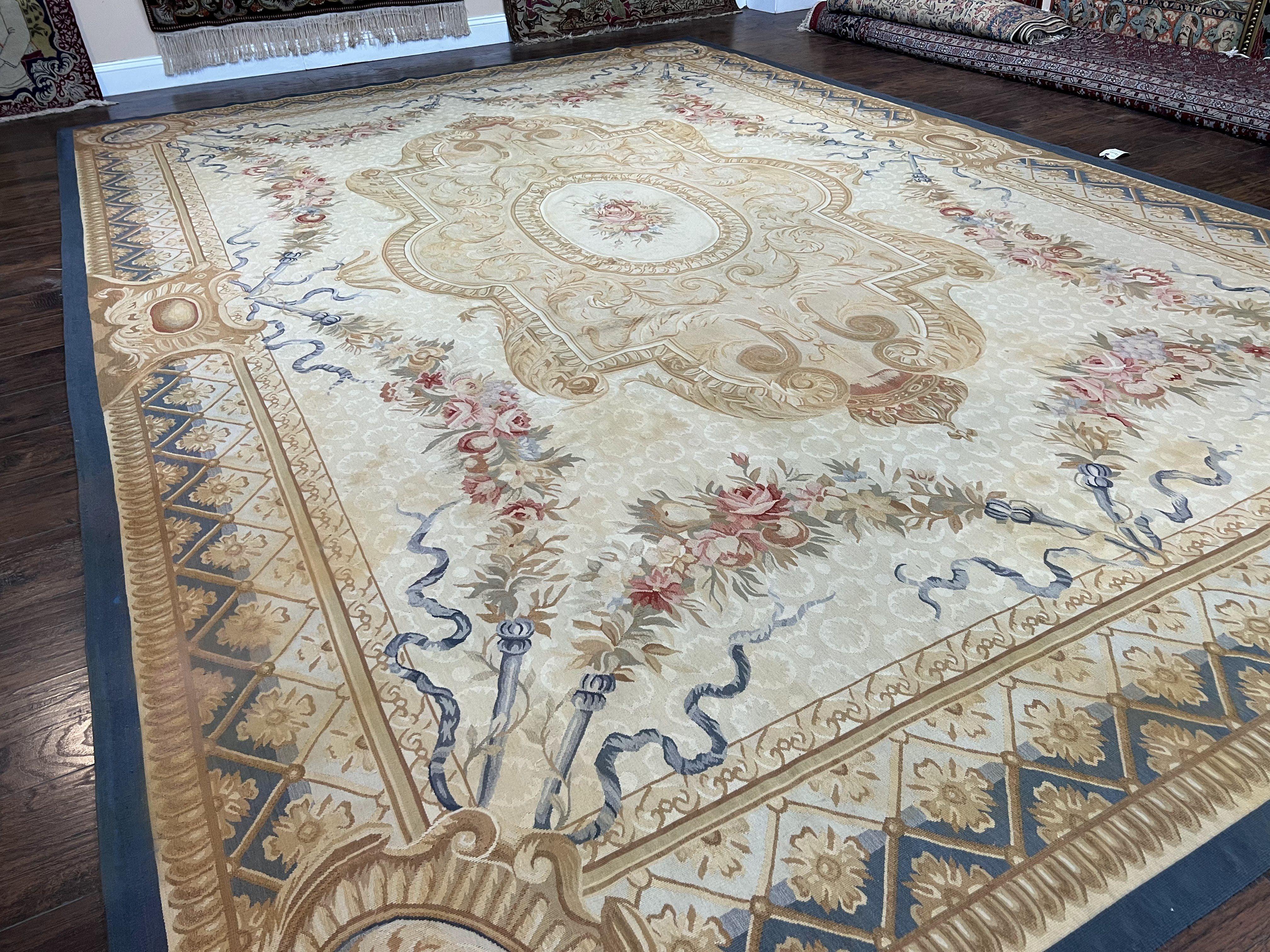 Chinese Aubusson Rug 10x14, Elegant Flatweave Rug, Hand Woven Aubusson Savonnerie Carpet, Vintage Aubusson Rug, Beige and Blue Wool Aubusson - Jewel Rugs