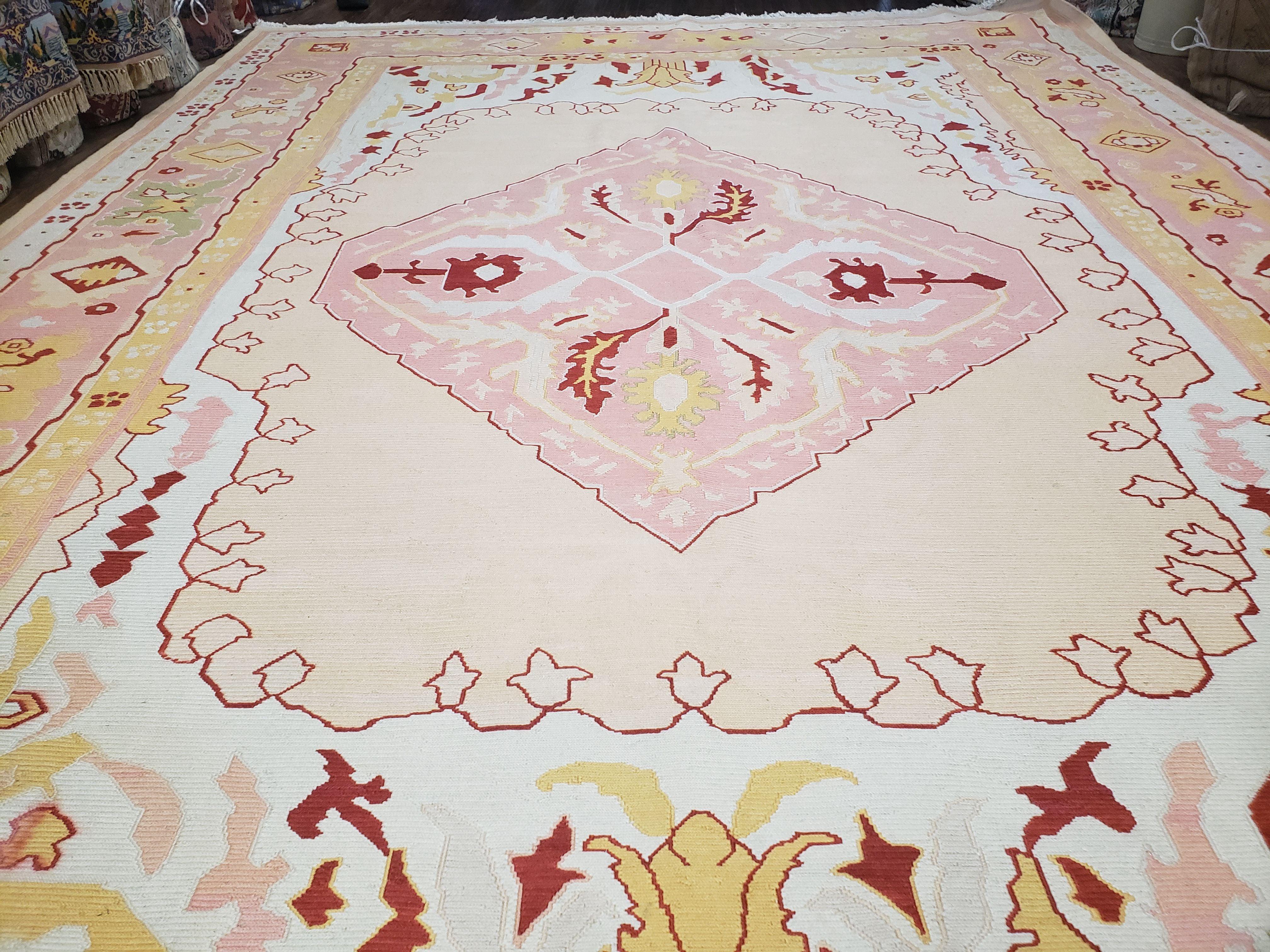 Large Turkish Kilim Carpet 10x14, Vintage Hand-Knotted Turkish Kilim Rug 10 x 14, Pink Cream Yellow Red, Decorative, Geometric, Unique - Jewel Rugs