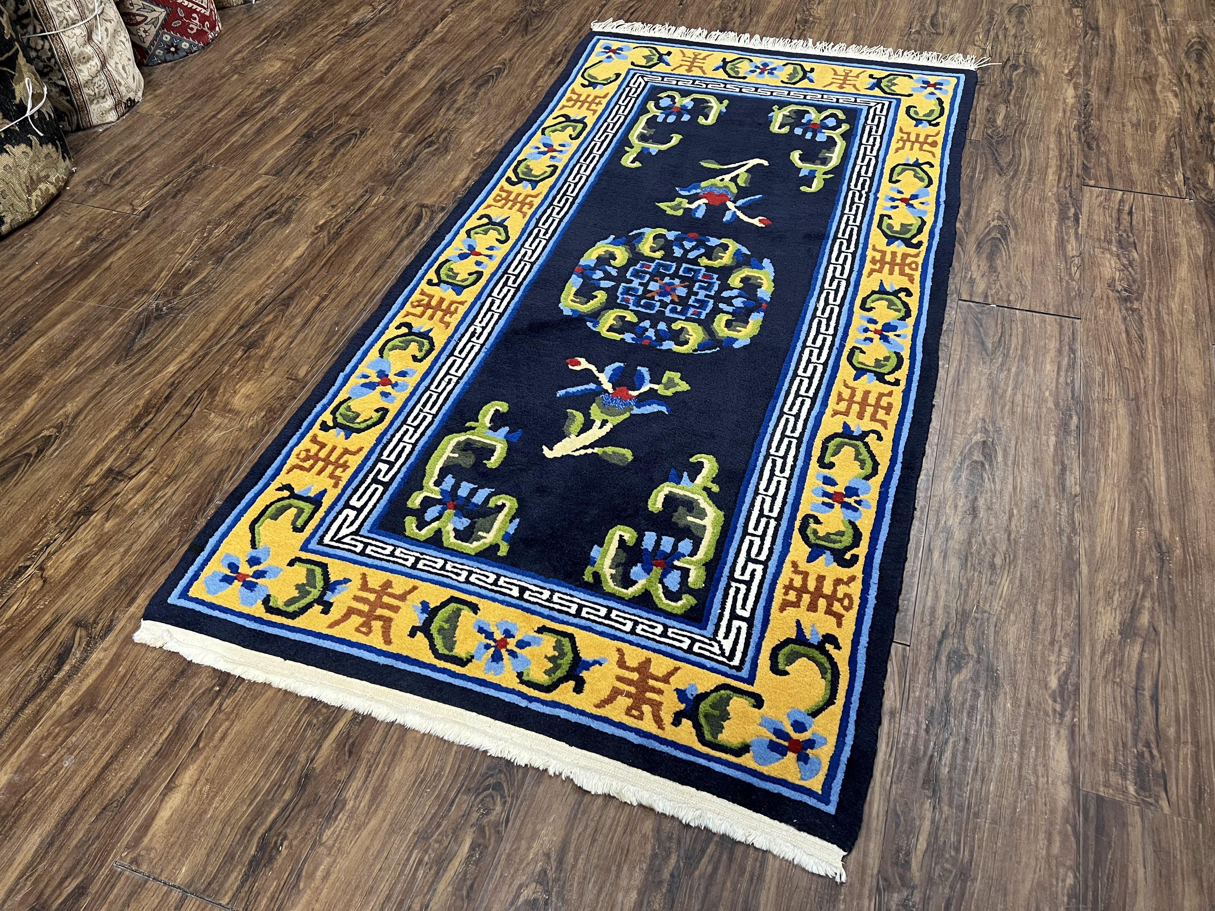 Chinese Art Deco Rug 3 x 5.9, Handmade Chinese Peking Carpet, Dark Blue and Gold, Medallion, Asian Oriental 3x6 Hand Knotted Vintage Rug - Jewel Rugs