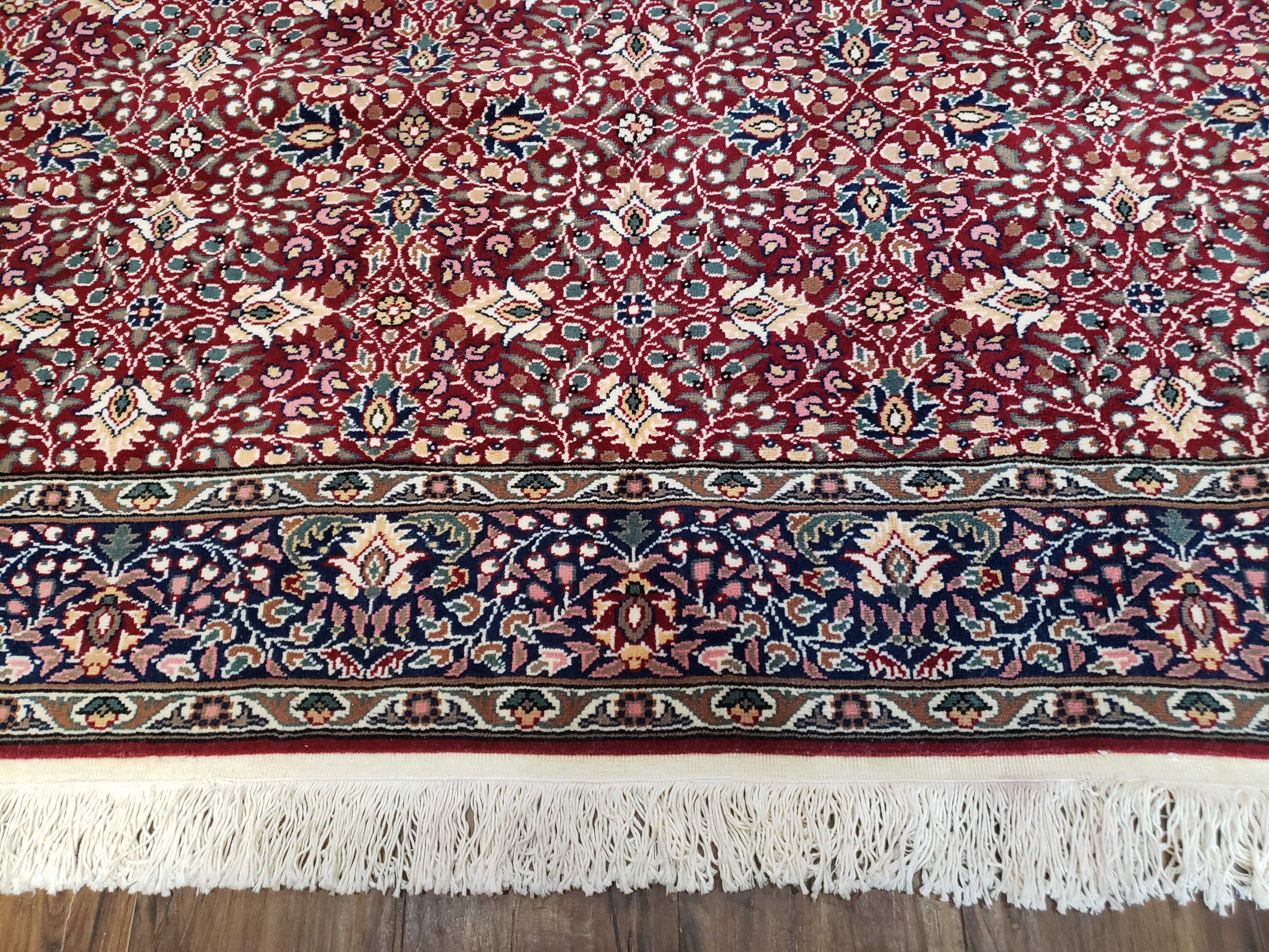 Vintage Turkish Sivas Area Rug 6.5 x 9.5, Wool Hand-Knotted Red & Midnight Blue Allover Floral Pattern Oriental Carpet, 6x9 Traditional Rug - Jewel Rugs