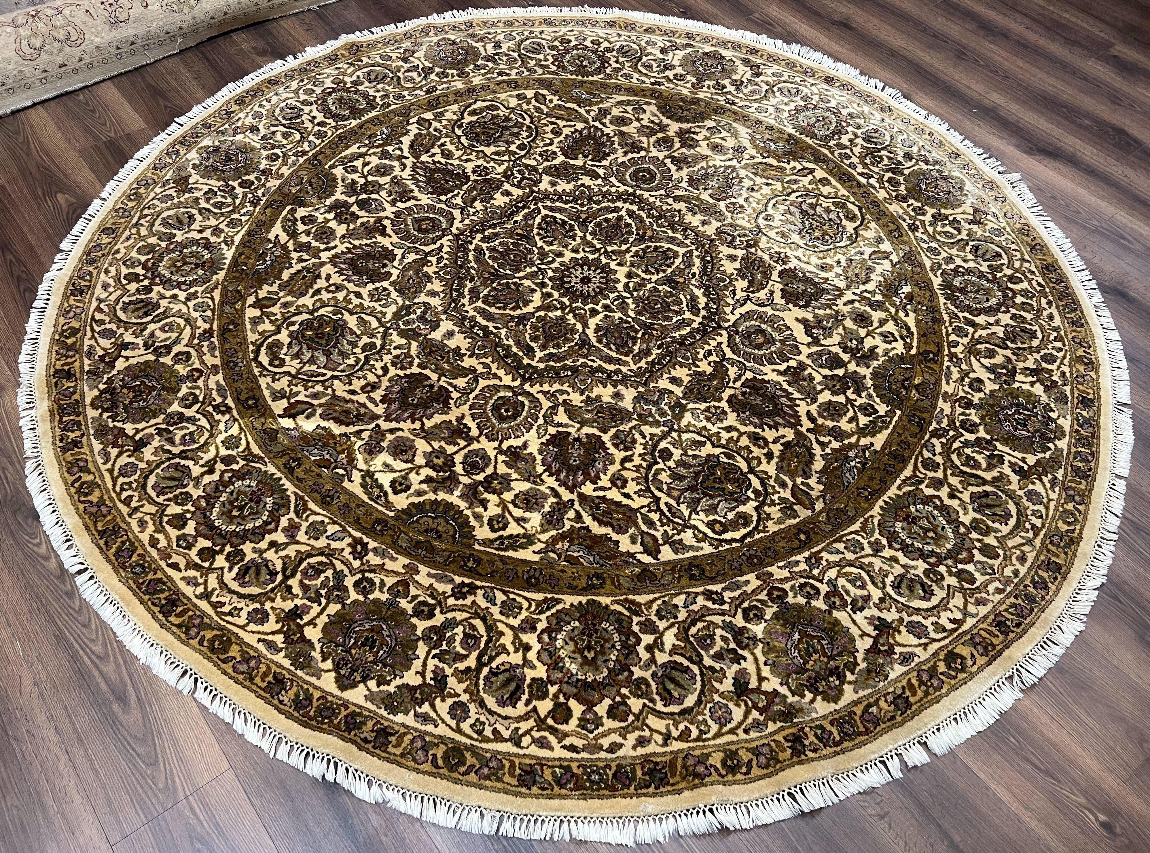 Round Indo Persian Rug 8x8 ft, Large Hand Knotted Vintage Wool Circular Carpet, 8ft Round Oriental Rug, Floral Medallion, Cream and Green - Jewel Rugs