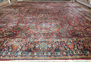 Stunning Semi Antique Palace Sized Persian Sarouk Rug, Hand-Knotted, Red and Dark Blue, Floral Allover, Wool, 14' x 17' 9" - Jewel Rugs