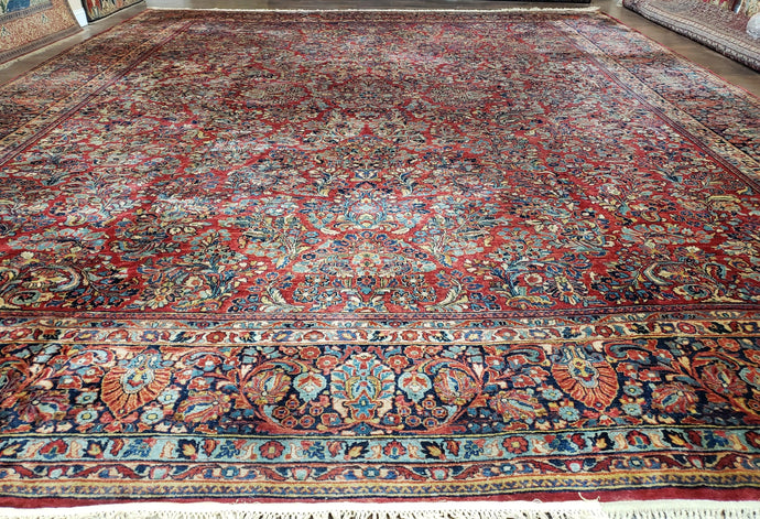 Stunning Semi Antique Palace Sized Persian Sarouk Rug, Hand-Knotted, Red and Dark Blue, Floral Allover, Wool, 14' x 17' 9