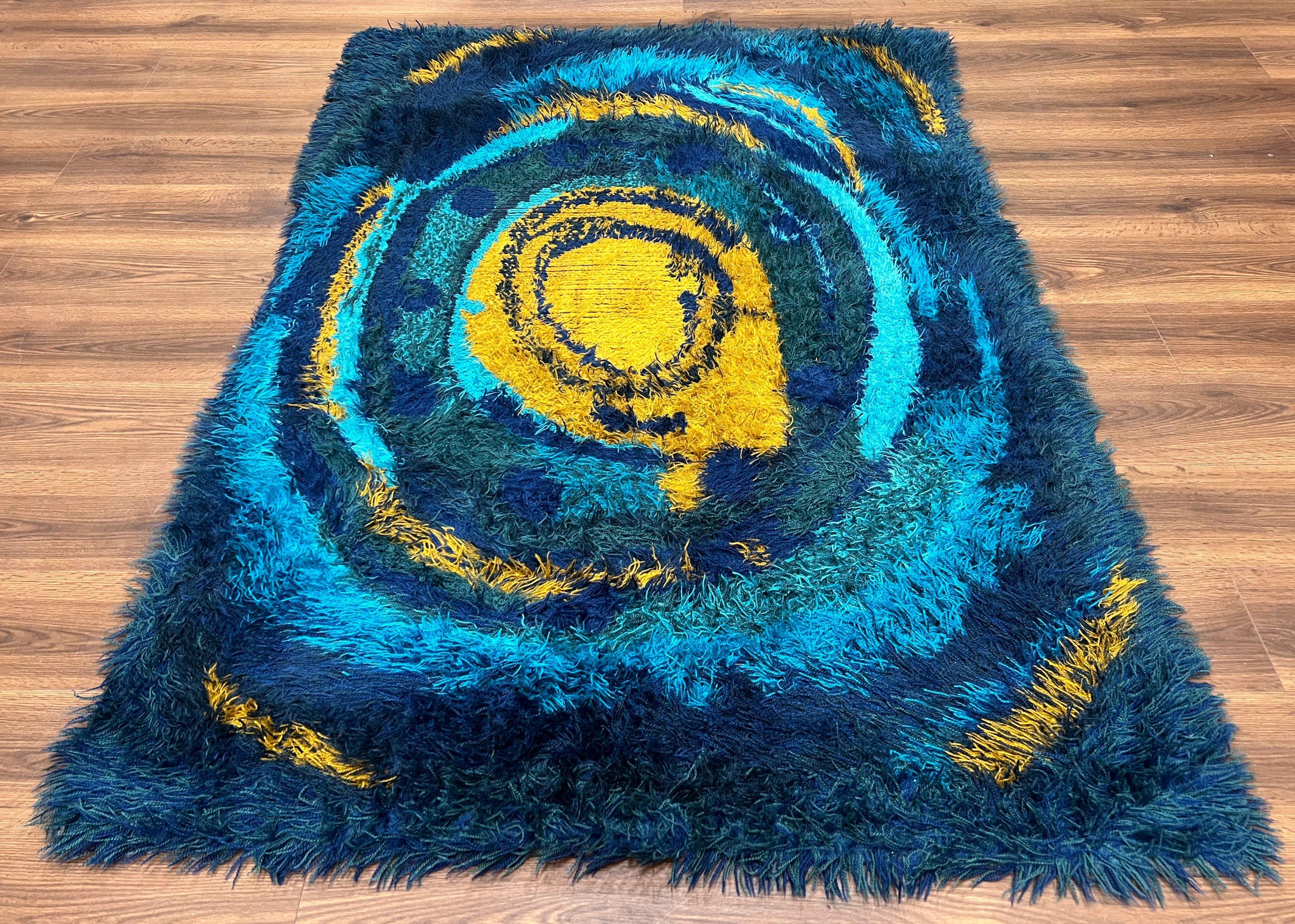 Mid Century Rya Danish Shag Rug 4.7 x 6.8, Multicolor Blues and Gold, Vintage Retro 1960s Shag Rug, Unique Carpet, Vintage Area Rug - Jewel Rugs