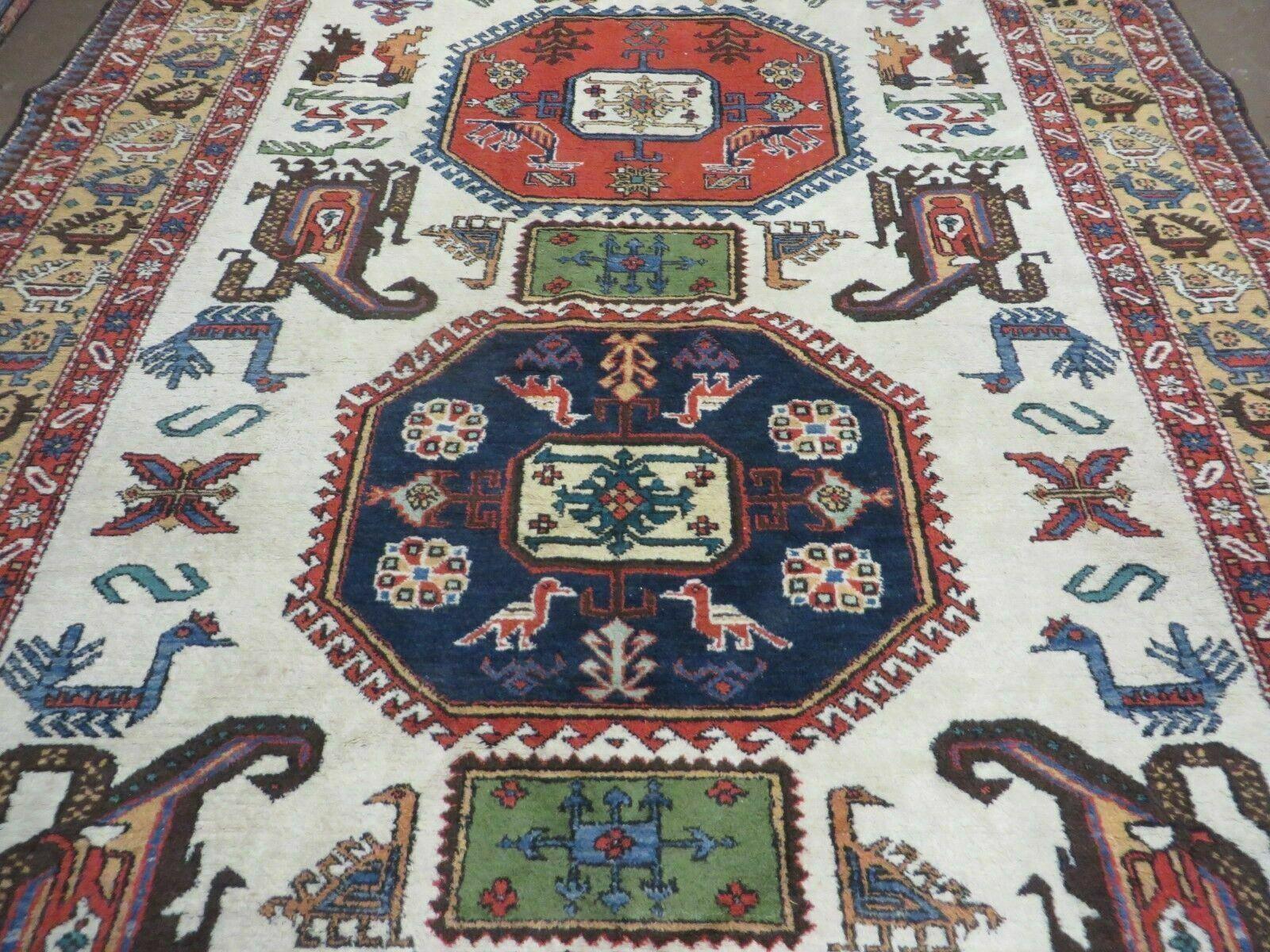 7' X 10' Vintage Handmade Knotted Turkish Wool Rug Birds Animal Ivory Organic - Jewel Rugs