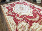 Vintage Aubusson Rug, Aubusson Savonnerie Needlepoint Area Rug 8x11, Handmade Wool Red & Ivory Chinese Aubusson European Carpet, Flat Pile - Jewel Rugs