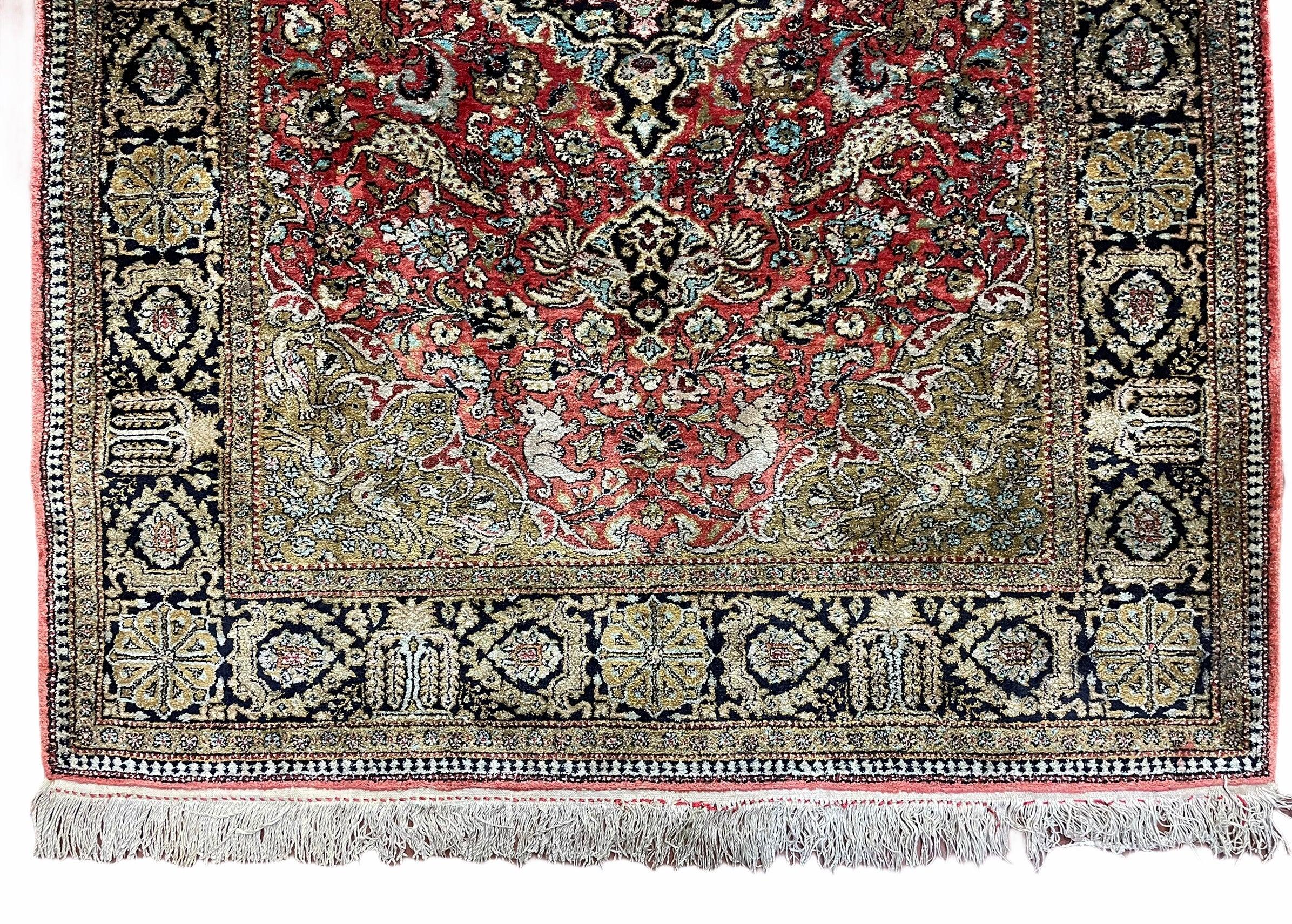 Persian Qum Silk Rug 3.8 x 5.6, Silk on Silk, Animal Pictorials, Fine 330 KPSI - Jewel Rugs