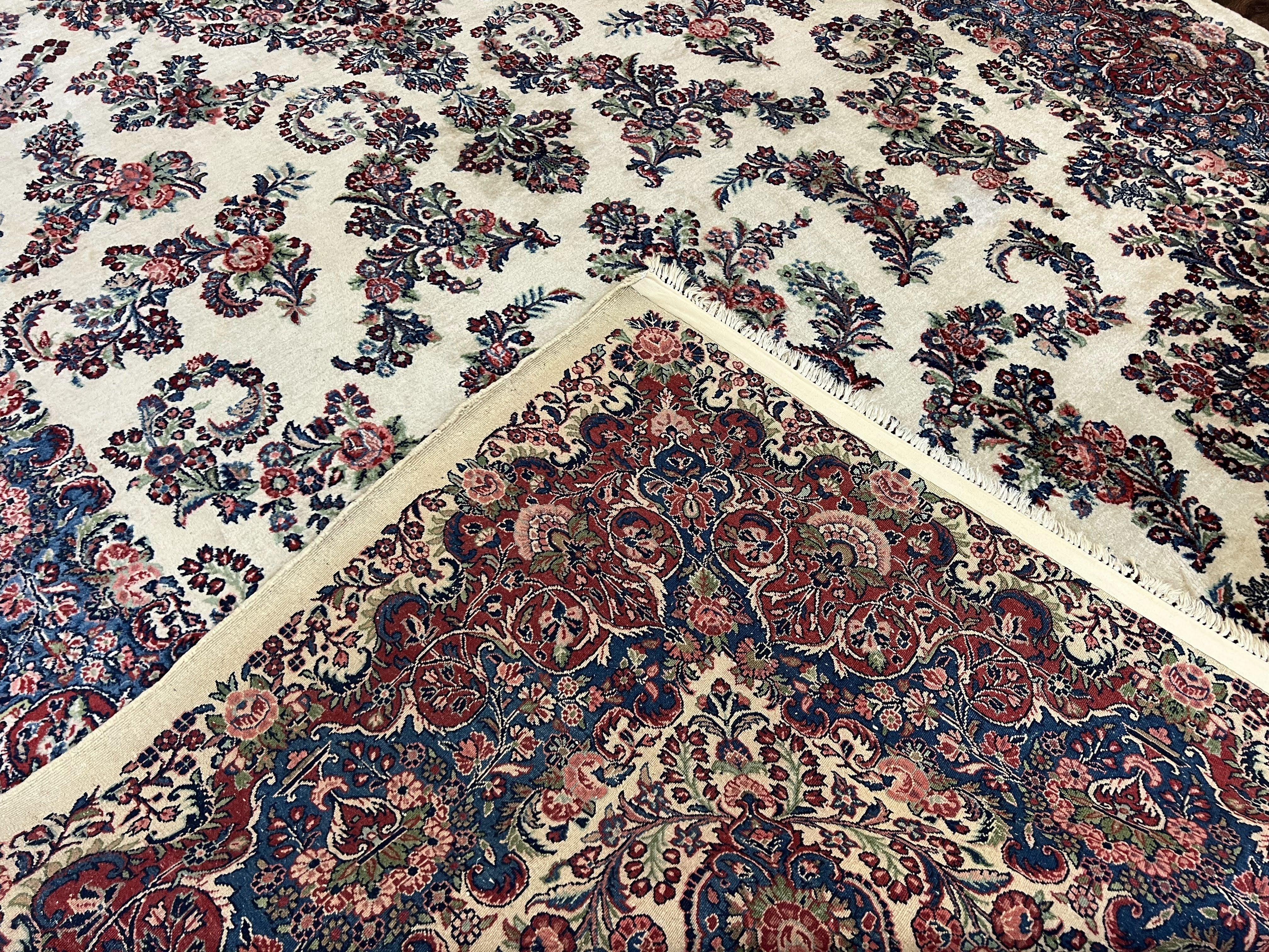 Beautiful Oversized Persian Kirman Rug 9x18 ft, Palace Sized Wool Handmade Oriental Carpet 9 x 18, Ivory Cream Dark Red Blue, 1940s Vintage Floral - Jewel Rugs