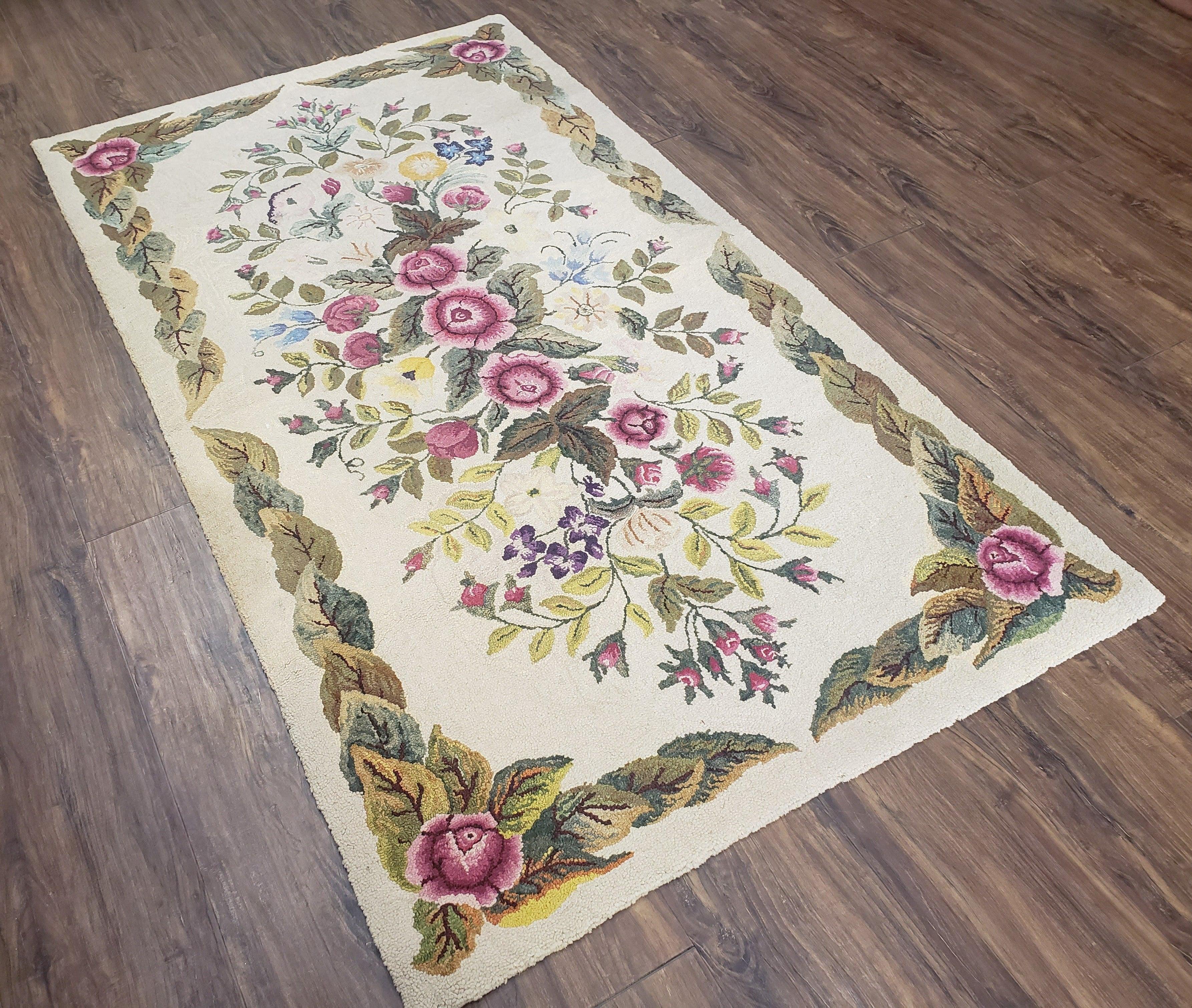 Vintage American Hooked Area Rug 3 x 5.6, Handmade Ivory 3x5 - 3x6 Floral Roses Flower Wool Carpet, Entryway Rug, Pair B - Jewel Rugs